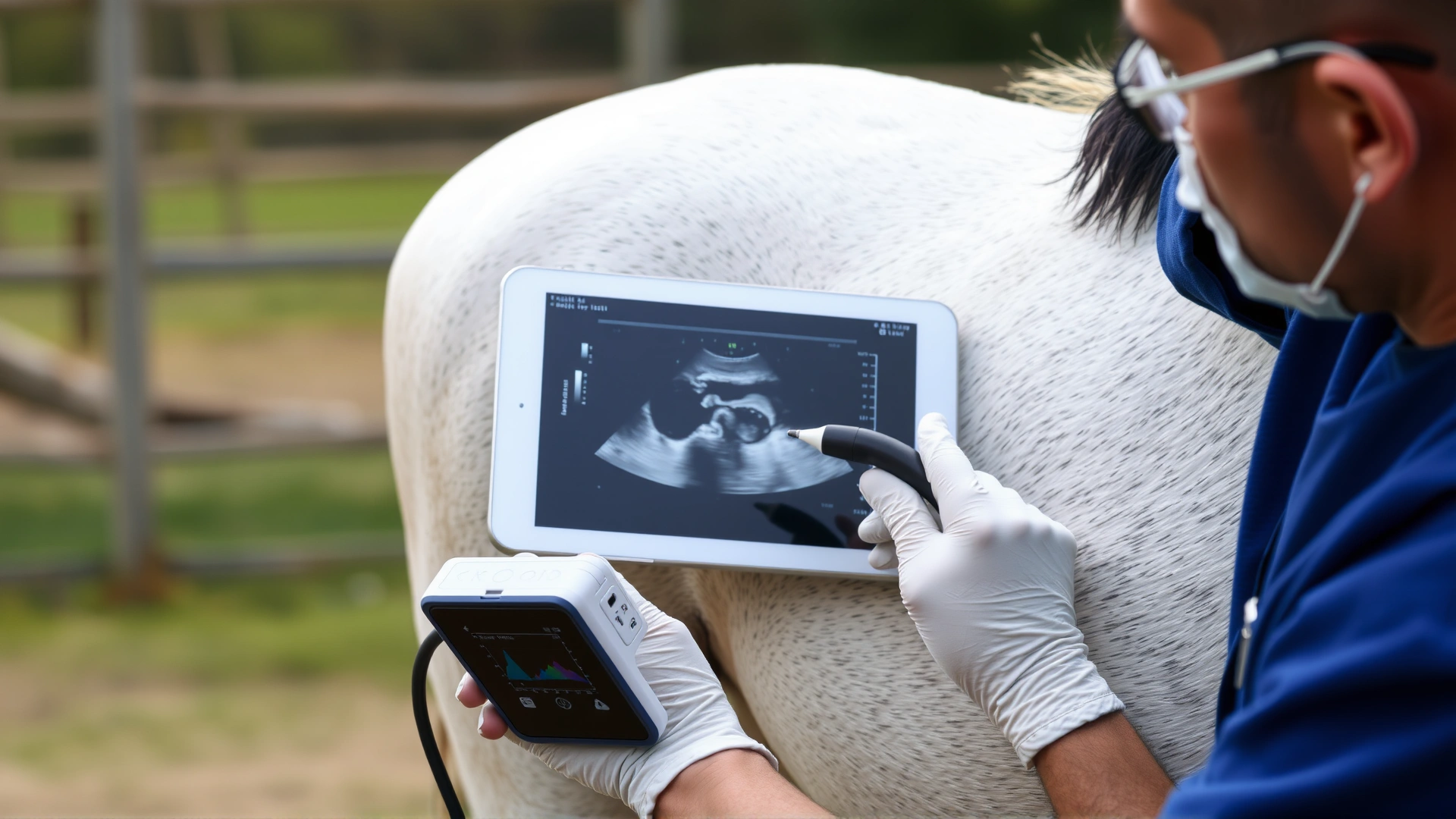 Veterinarian performing an ultrasound scan on the lower neck of a calm horse outdoors, handheld probe and portable ultrasound device visible, no text