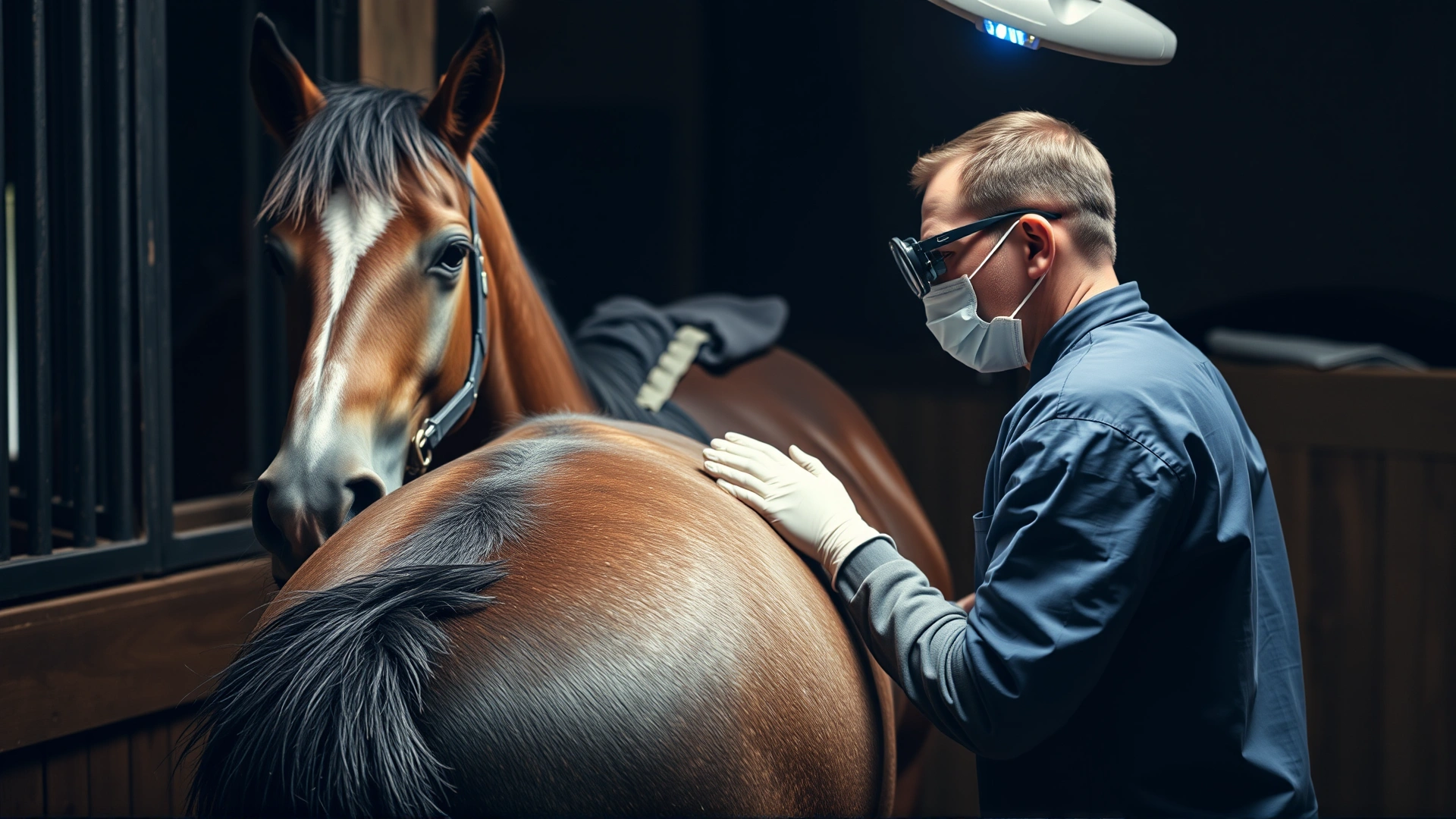 A veterinarian performing a transrectal ultrasound on a calm mare inside a stable, equipment and veterinarian clearly visible, no text.