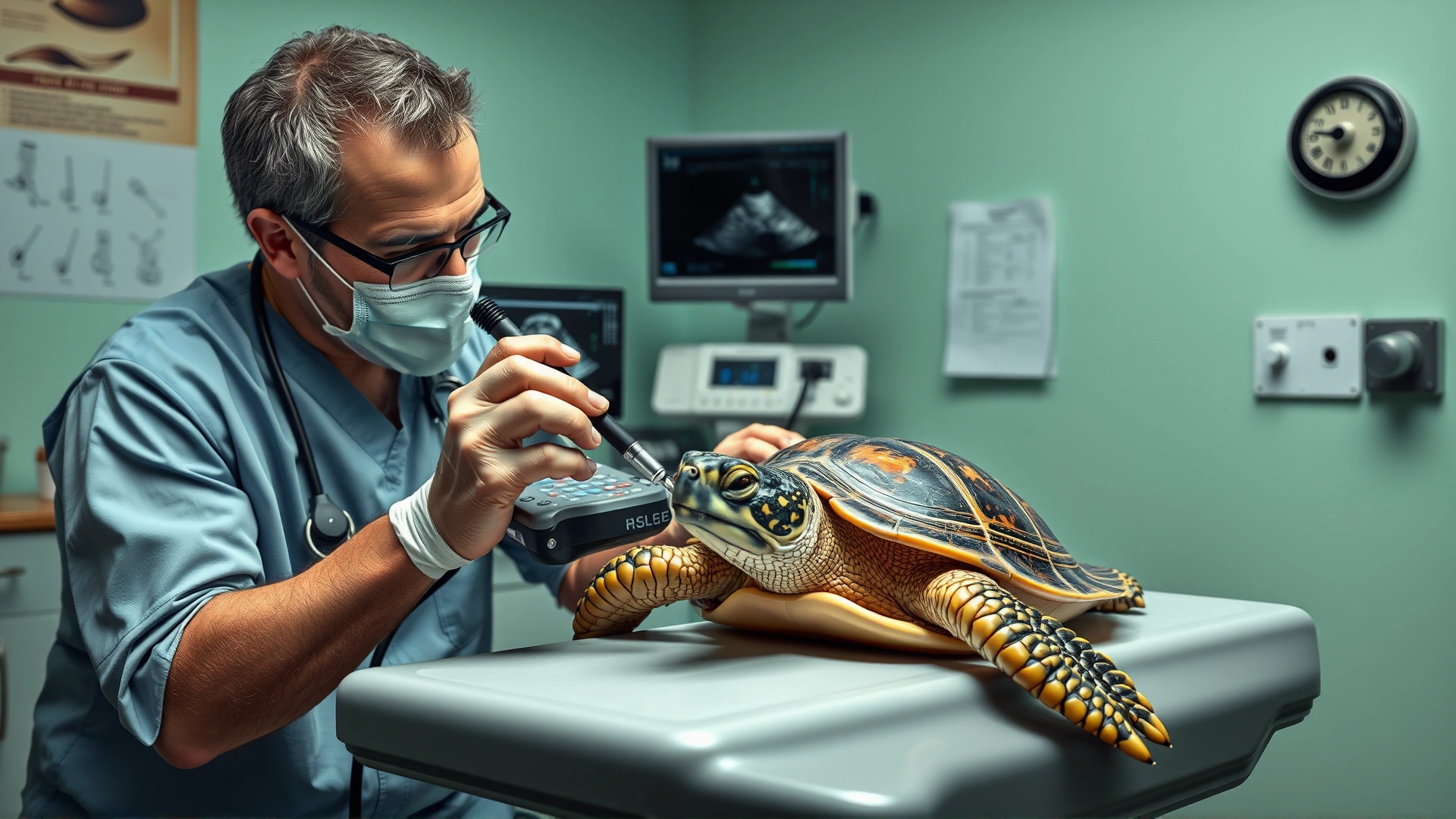 Veterinarian performing an ultrasound on a turtle’s shell in a clinic, clear focus on equipment and reptile, no text