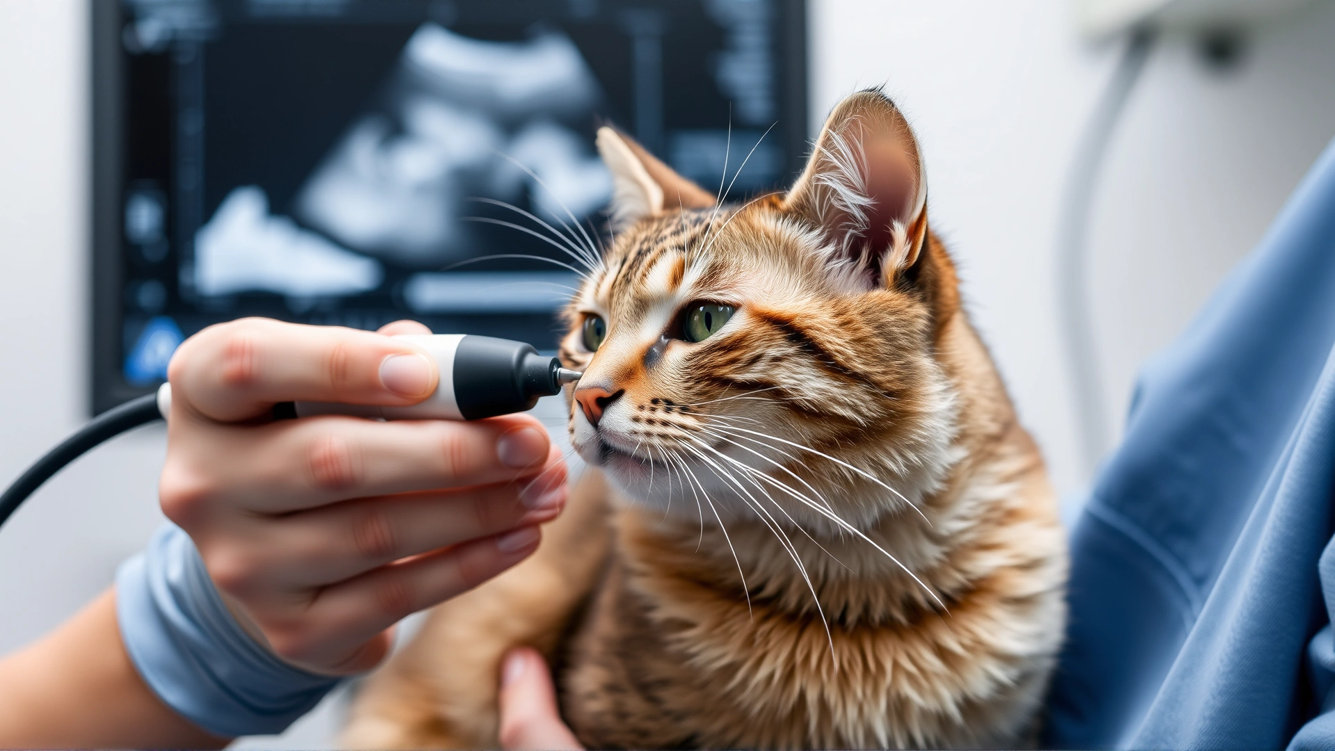 Close-up photo of a veterinary technician gently holding an ultrasound probe on a cat’s chest, monitor blurred in background