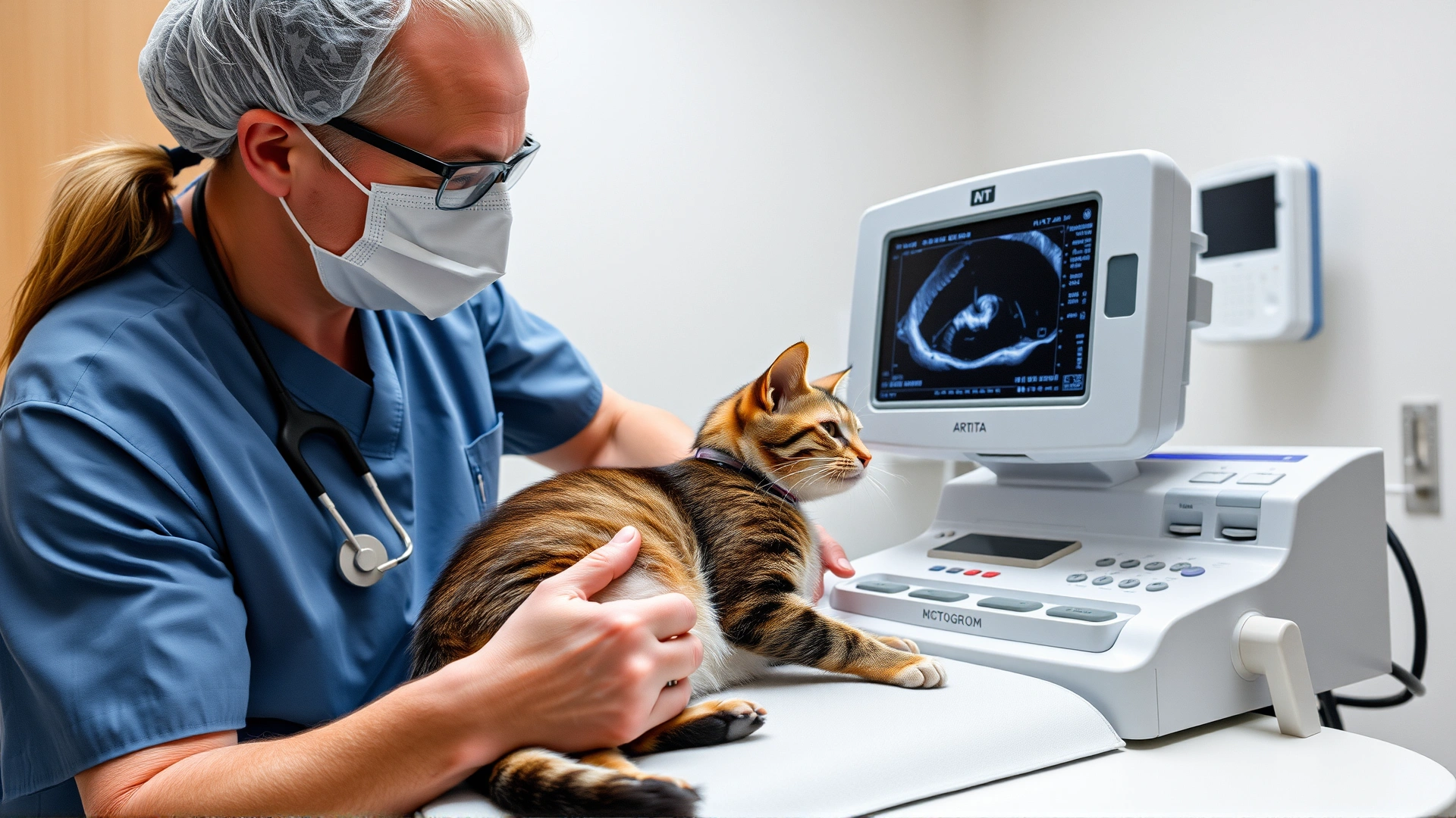 Veterinarian performing an echocardiogram on a sedated cat using an ultrasound machine, modern clinic, clear display.