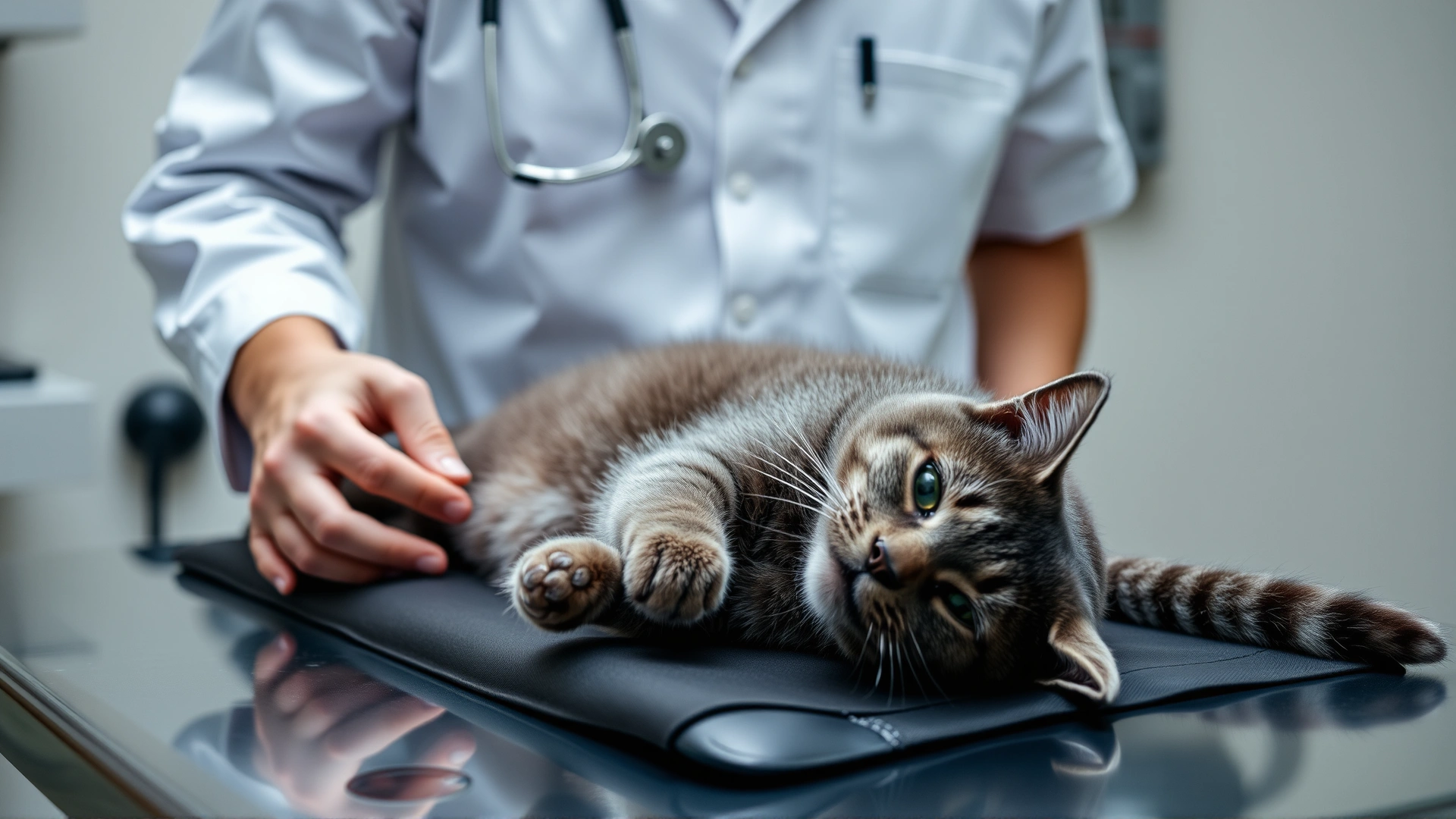 Veterinarian performing an abdominal ultrasound on a calm grey cat lying on an exam table.