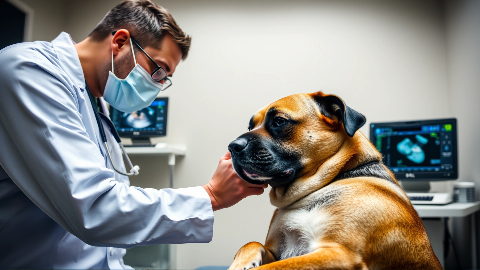 Veterinarian performing an ultrasound scan on a calm pregnant dog in a modern veterinary clinic, equipment visible.