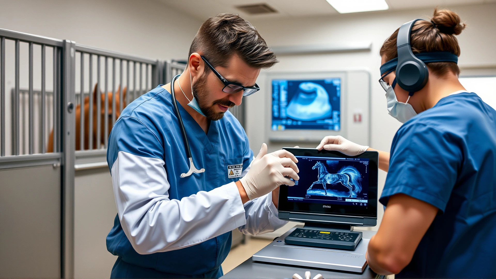 Veterinarian performing a transrectal ultrasound on a tranquil mare in a clean stable, showing care and modern diagnostic practice, no visible text on screen.