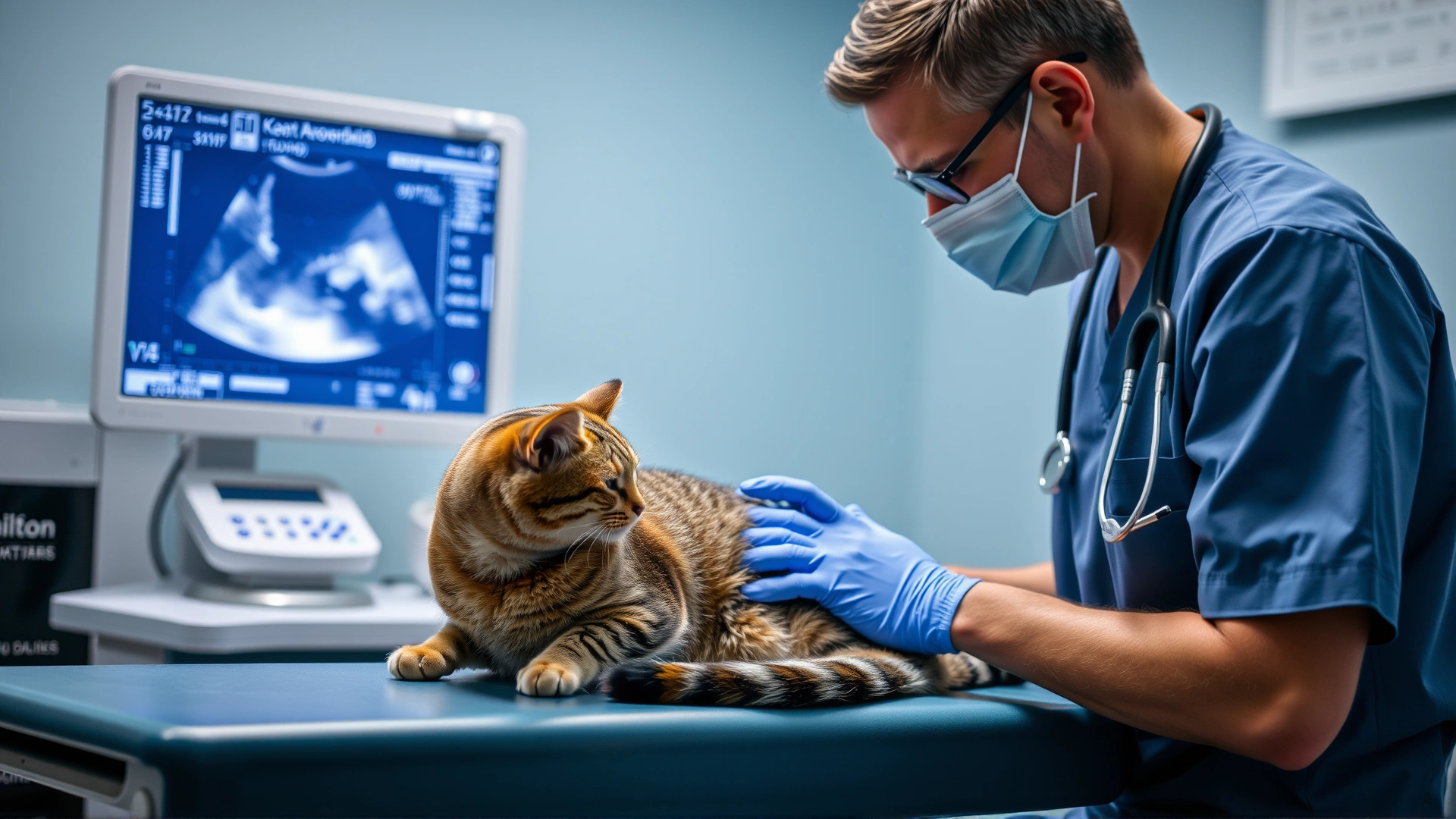Veterinarian performing an abdominal ultrasound on a cat positioned on an examination table, with the ultrasound monitor slightly blurred in the background.