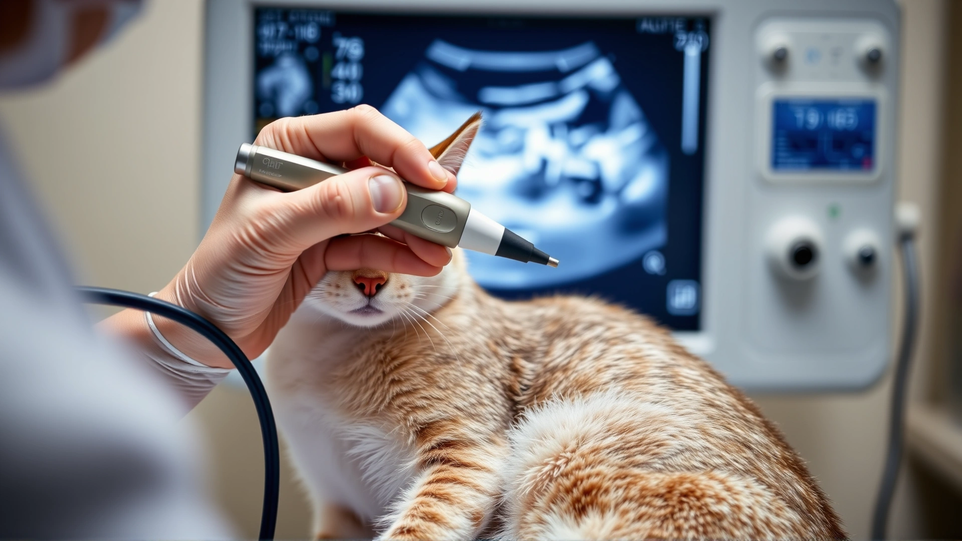 Veterinarian holding an ultrasound probe against a cat's shaved abdomen with a blurred ultrasound monitor in the background.