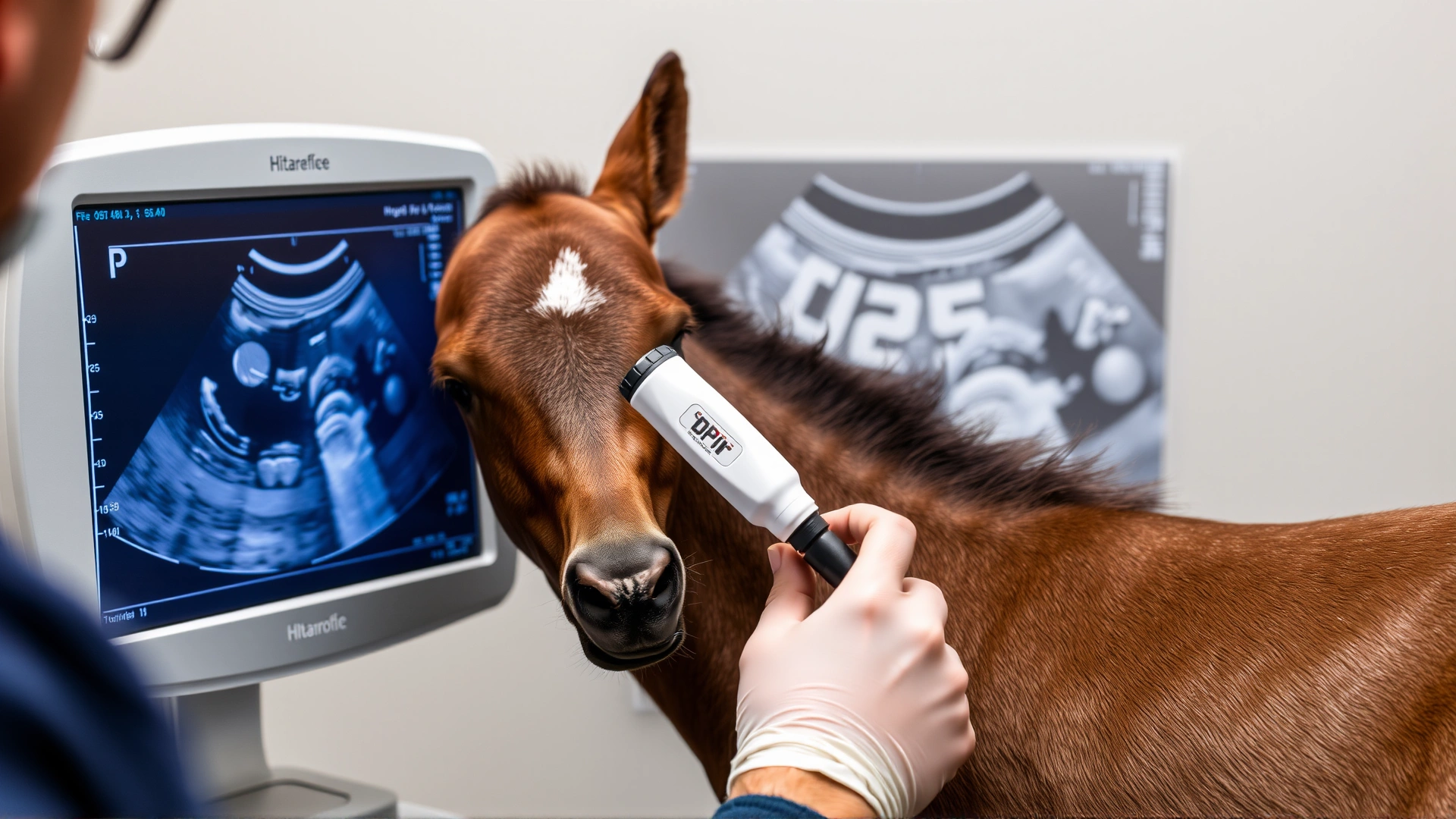 A veterinarian holding an ultrasound probe on a foal's abdomen while the monitor shows a grayscale scan, highlighting diagnostic procedures.