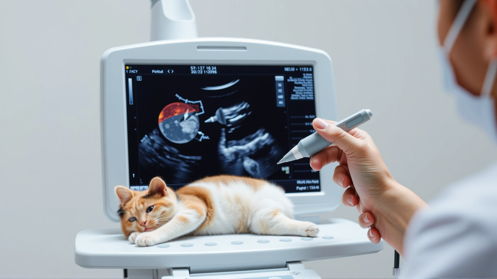 Veterinary ultrasound machine screen showing kidney scan while vet holds probe on cat