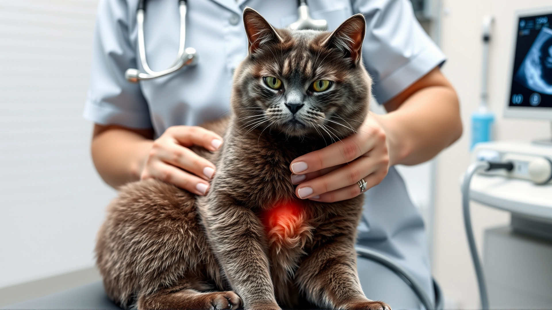 Veterinarian performing abdominal ultrasound on a calm grey cat in a modern clinic, ultrasound machine visible