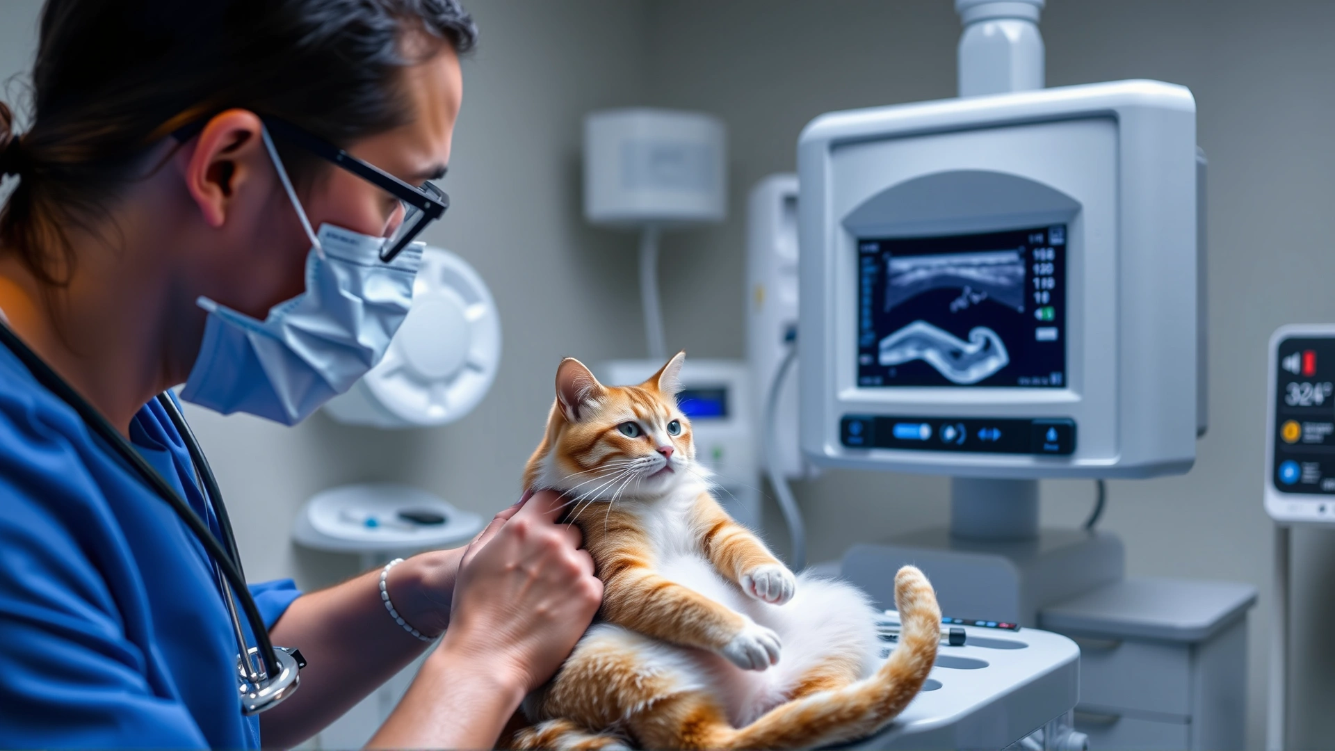 Veterinarian performing an ultrasound scan on a cat’s abdomen, medical equipment visible, clinic environment, high-resolution