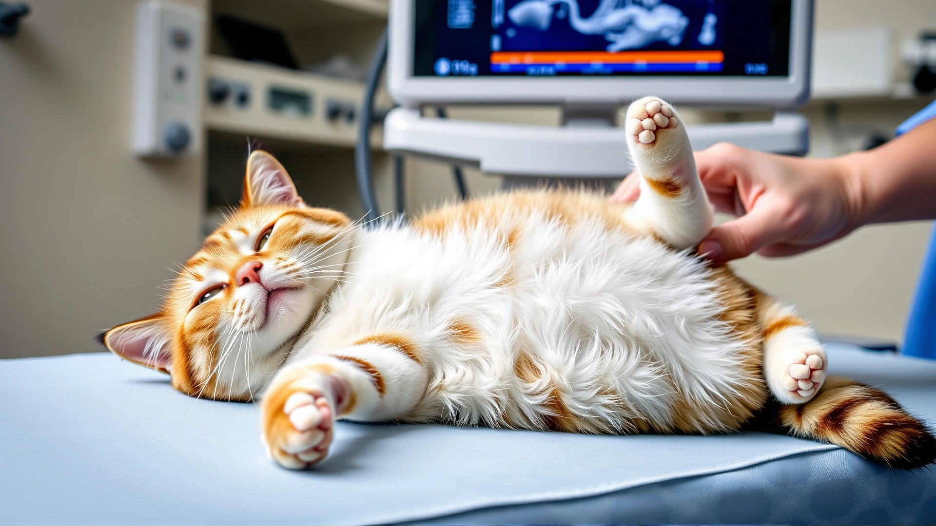 Cat lying calmly on its back at a veterinary clinic while a vet performs an abdominal ultrasound; ultrasound monitor visible