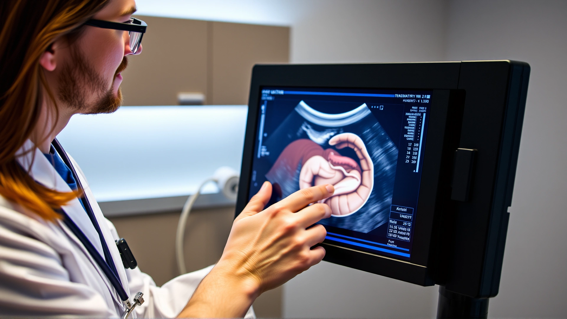 Veterinarian looking at an abdominal ultrasound monitor displaying a cat’s stomach and intestines inside a modern exam room