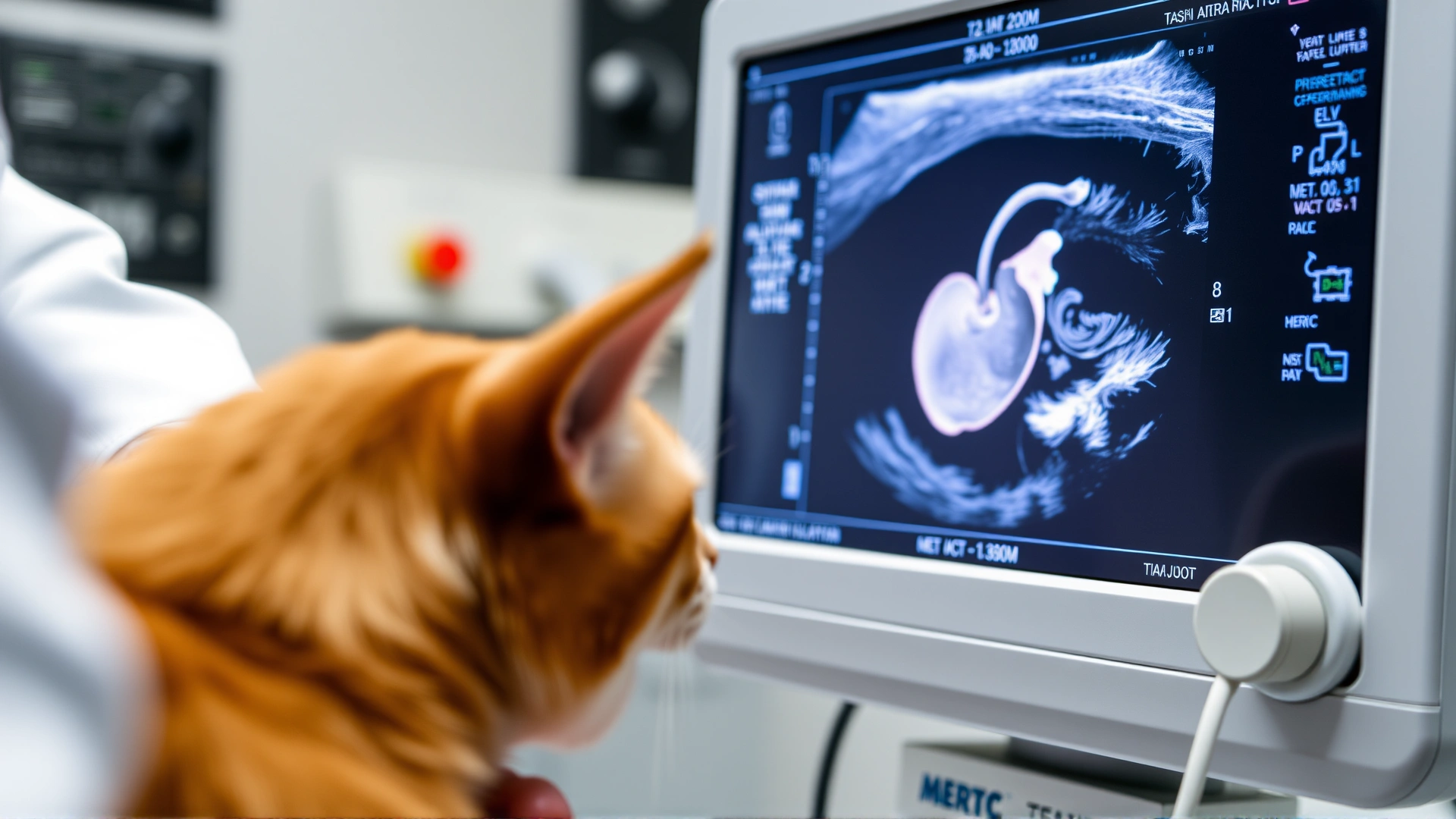 Close-up shot of a veterinary ultrasound monitor displaying a simple heart image while a vet performs an echocardiogram on a cat