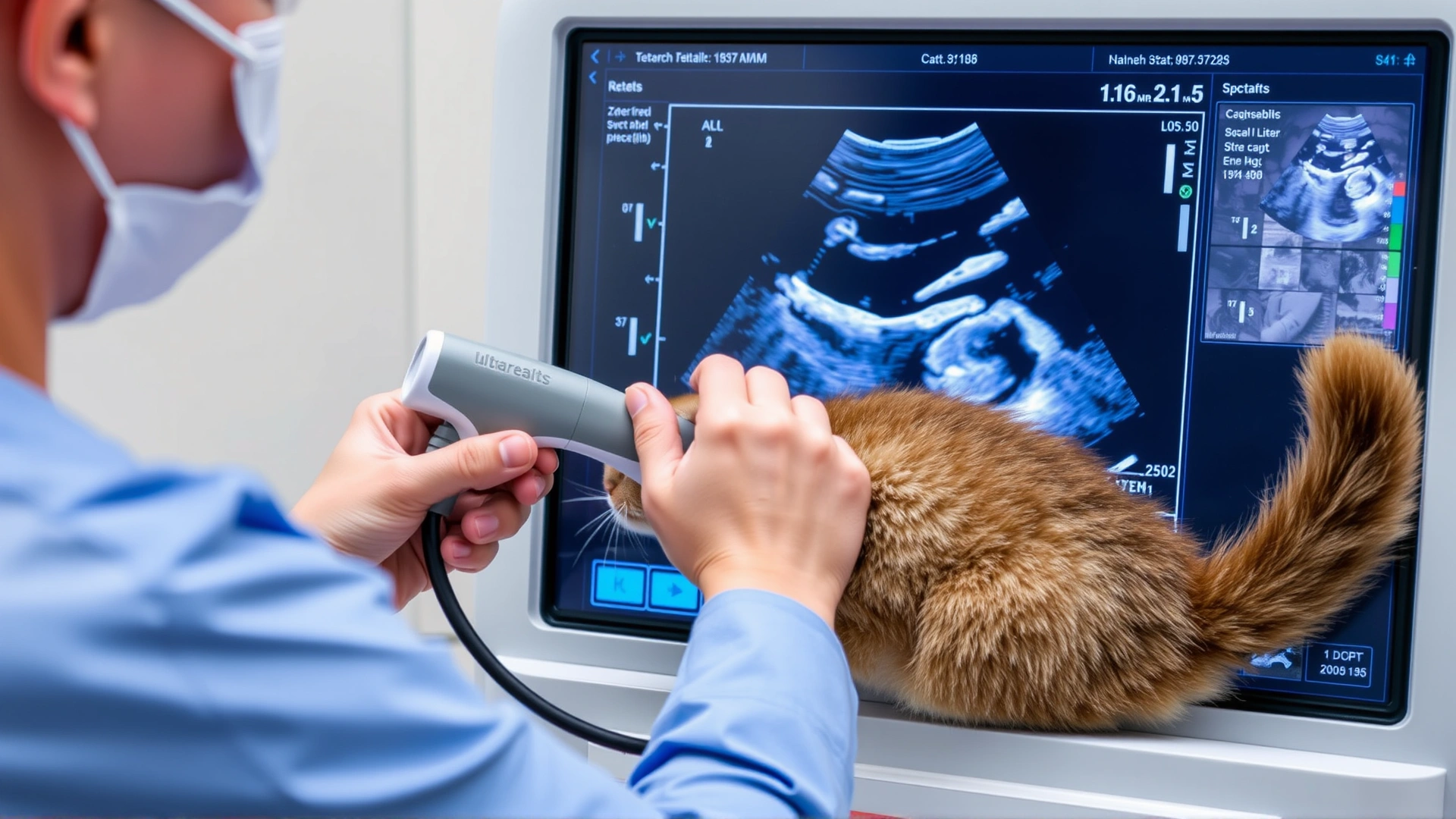Photo of an ultrasound monitor displaying a generic abdominal scan while a vet technician holds a probe against a cat’s shaved belly, no identifiable text on screen.