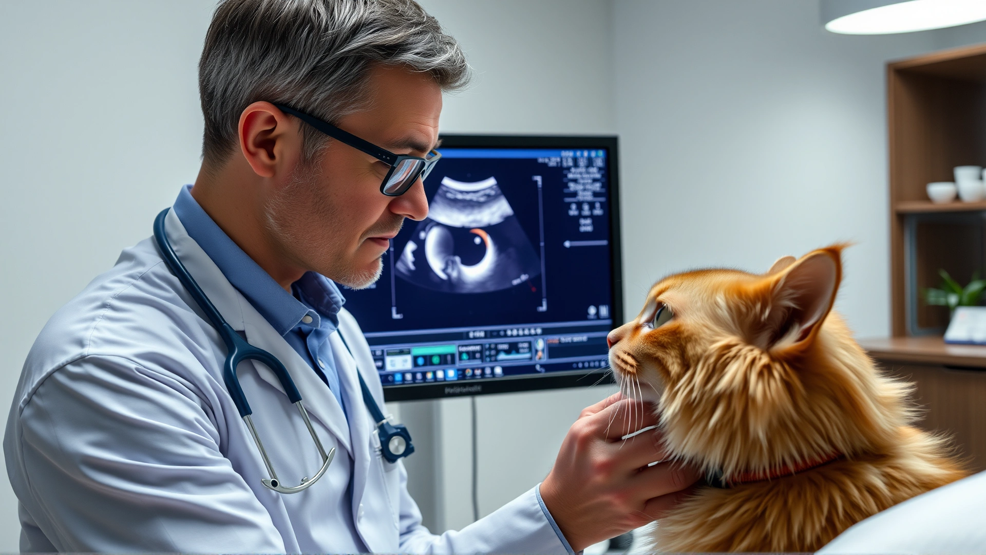 Veterinary ophthalmologist reviewing an ultrasound scan of a cat’s eye displayed on a monitor, modern exam room
