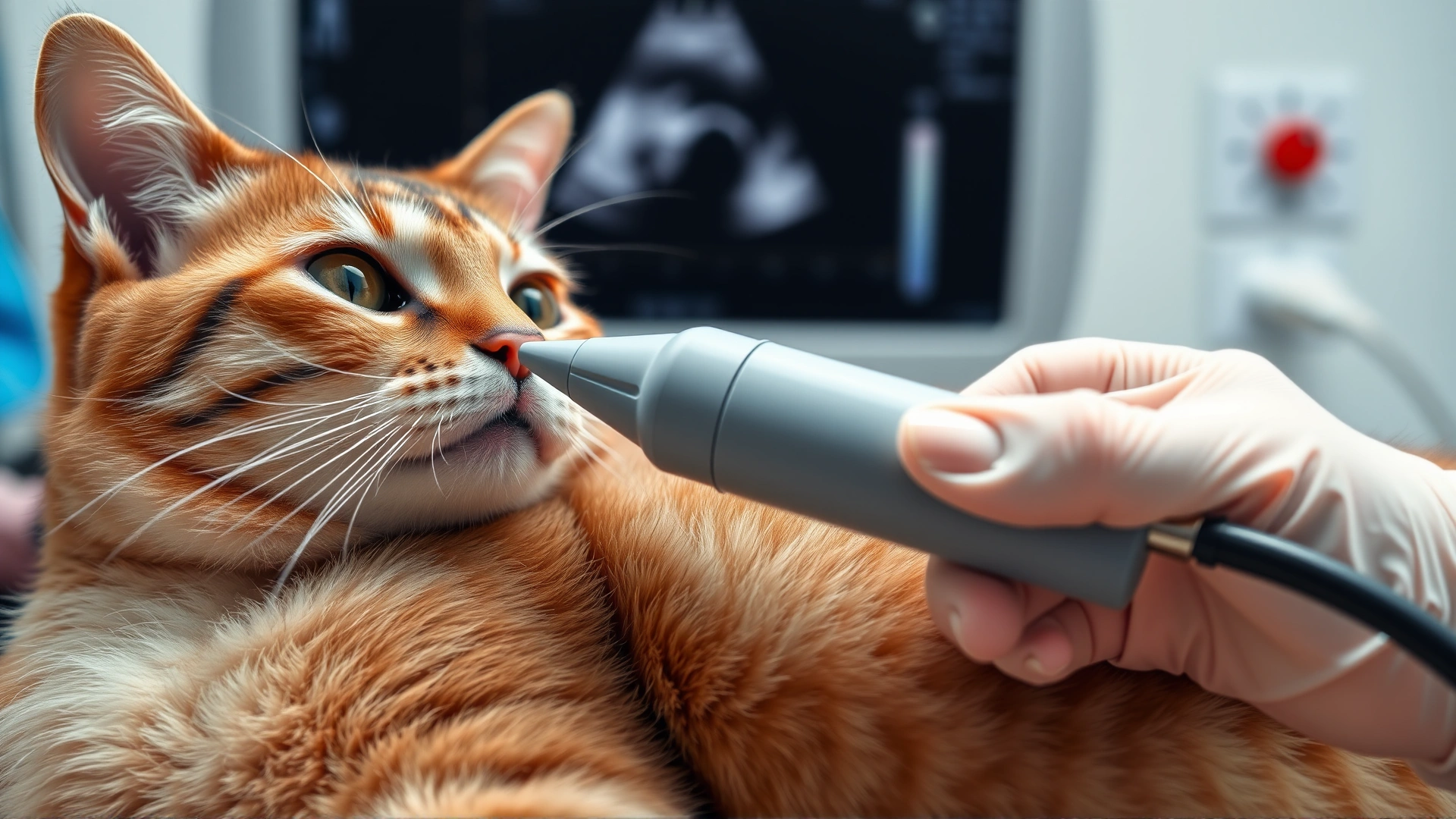 Close-up of a veterinary ultrasound probe on a cat’s shaved abdomen with the vet’s gloved hands and monitor blurred in background, no text.