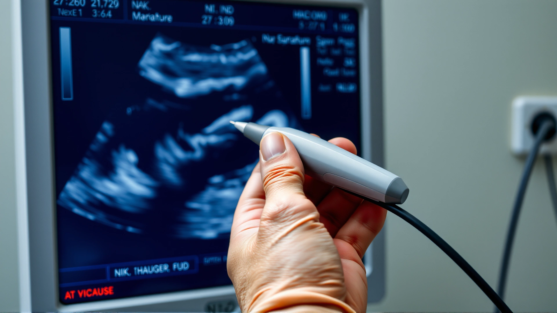 Hand holding an ultrasound probe against a cat's abdomen with the ultrasound monitor in the background showing a grayscale image, no text