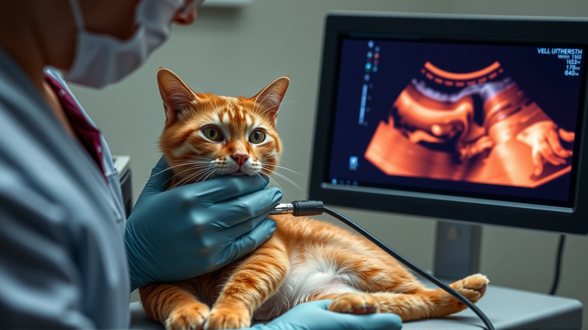 Veterinary technician performing an abdominal ultrasound on an orange cat, ultrasound probe and monitor visible, clinical setting.