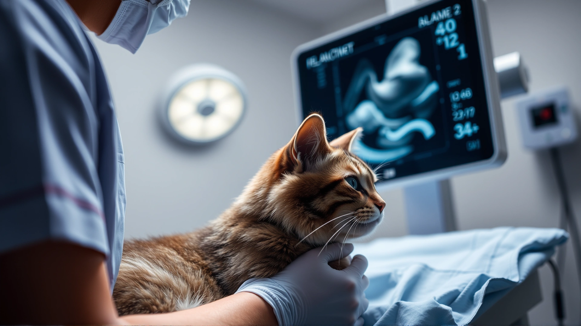 Side view of a veterinarian performing an abdominal ultrasound on a calm cat, ultrasound monitor glowing softly in clinic light