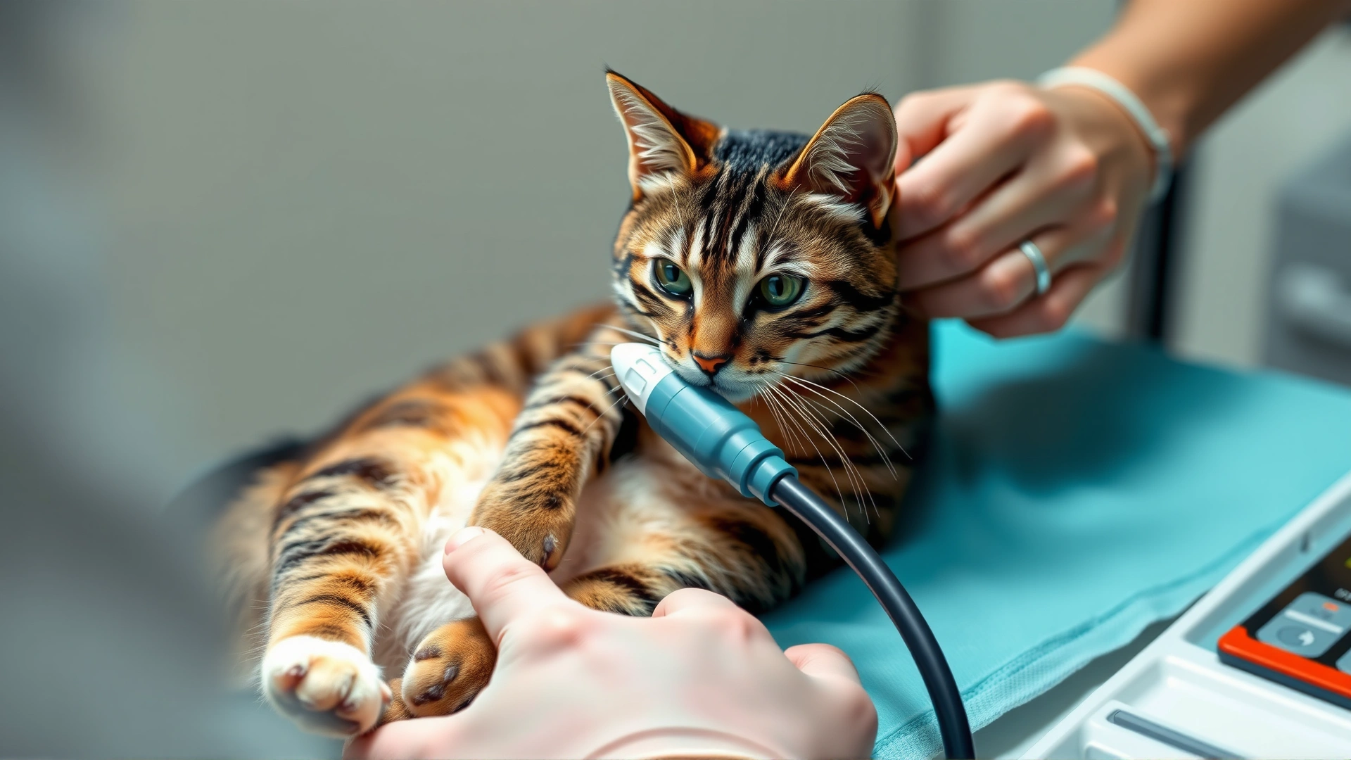 High-resolution image of a veterinarian performing an abdominal ultrasound on a relaxed tabby cat, showing the vet’s hands and ultrasound probe, clinical setting.