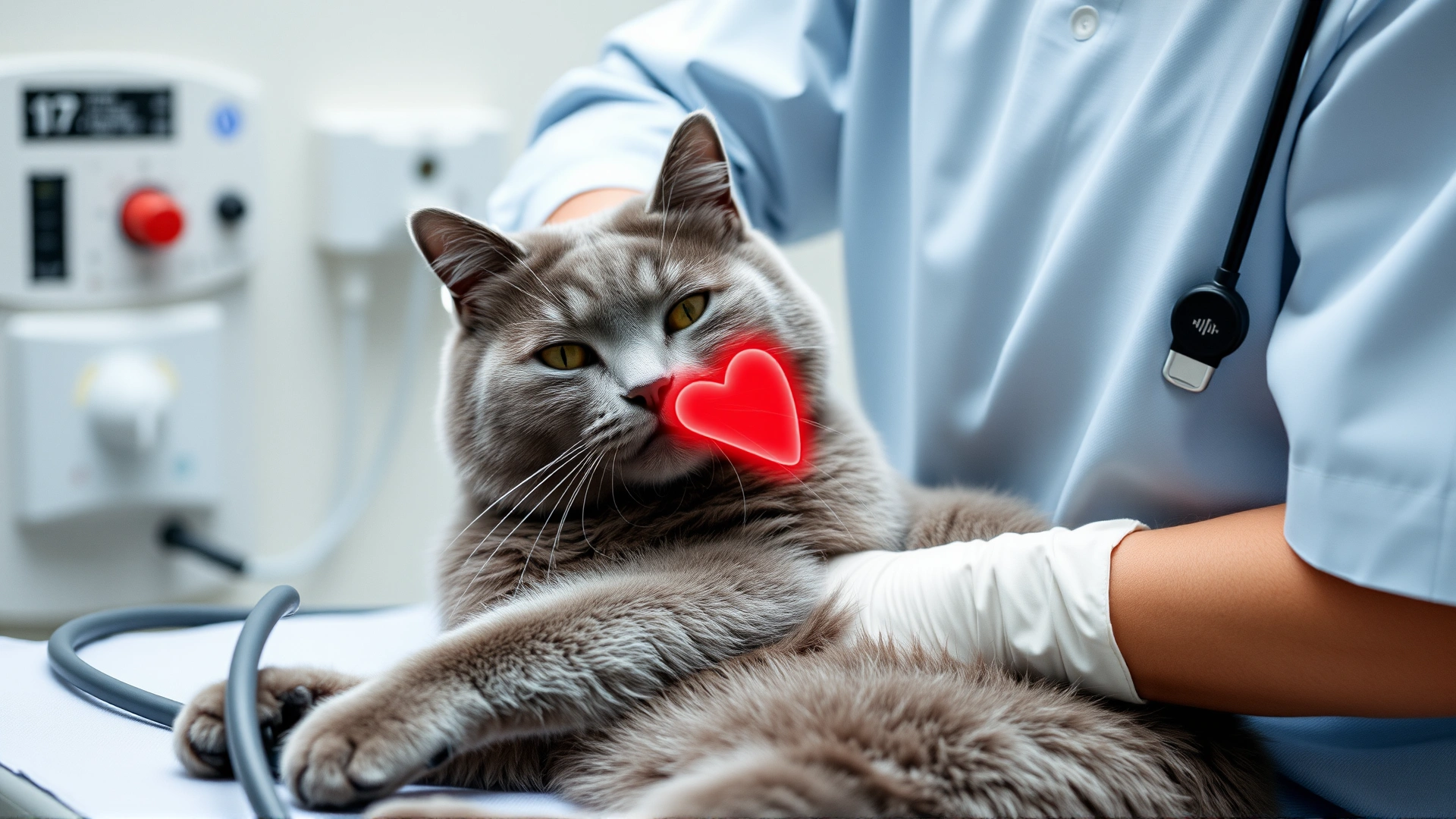 Veterinary technician performing echocardiogram on a relaxed grey cat, medical equipment visible