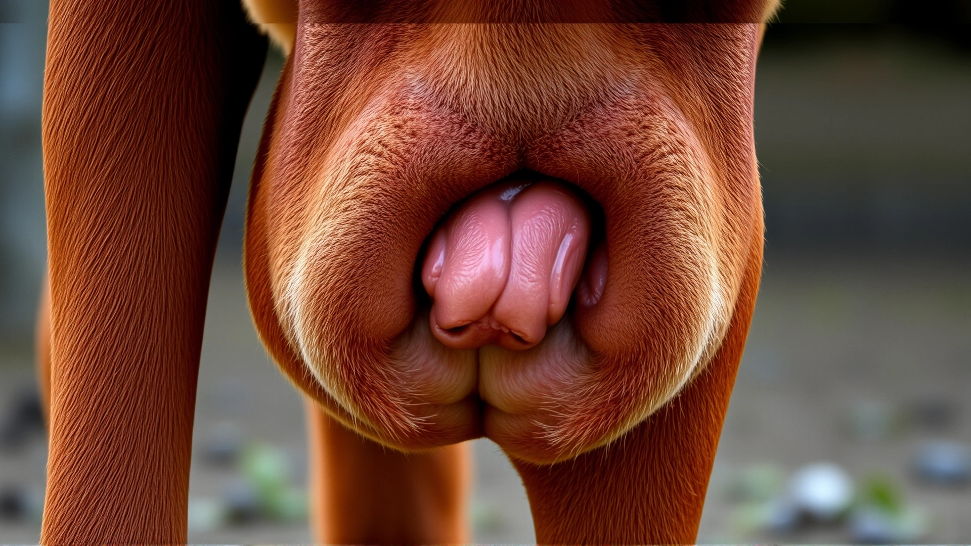 Close-up photograph focusing on a visible umbilical hernia bulge on a chestnut foal’s lower abdomen.