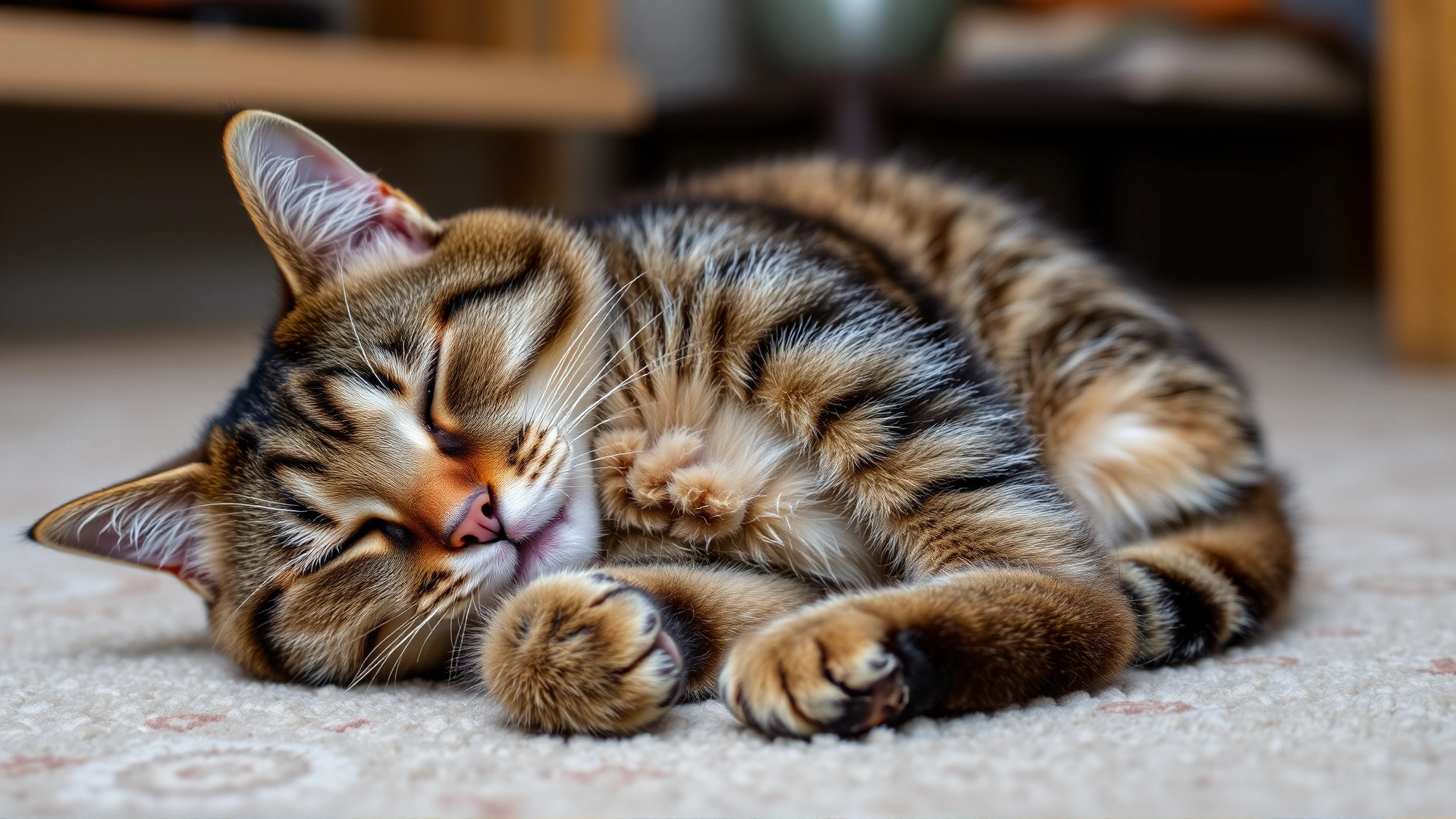 A tabby cat lying on its side looking uncomfortable, slight tummy bulge, subtle expression of discomfort, indoor setting.
