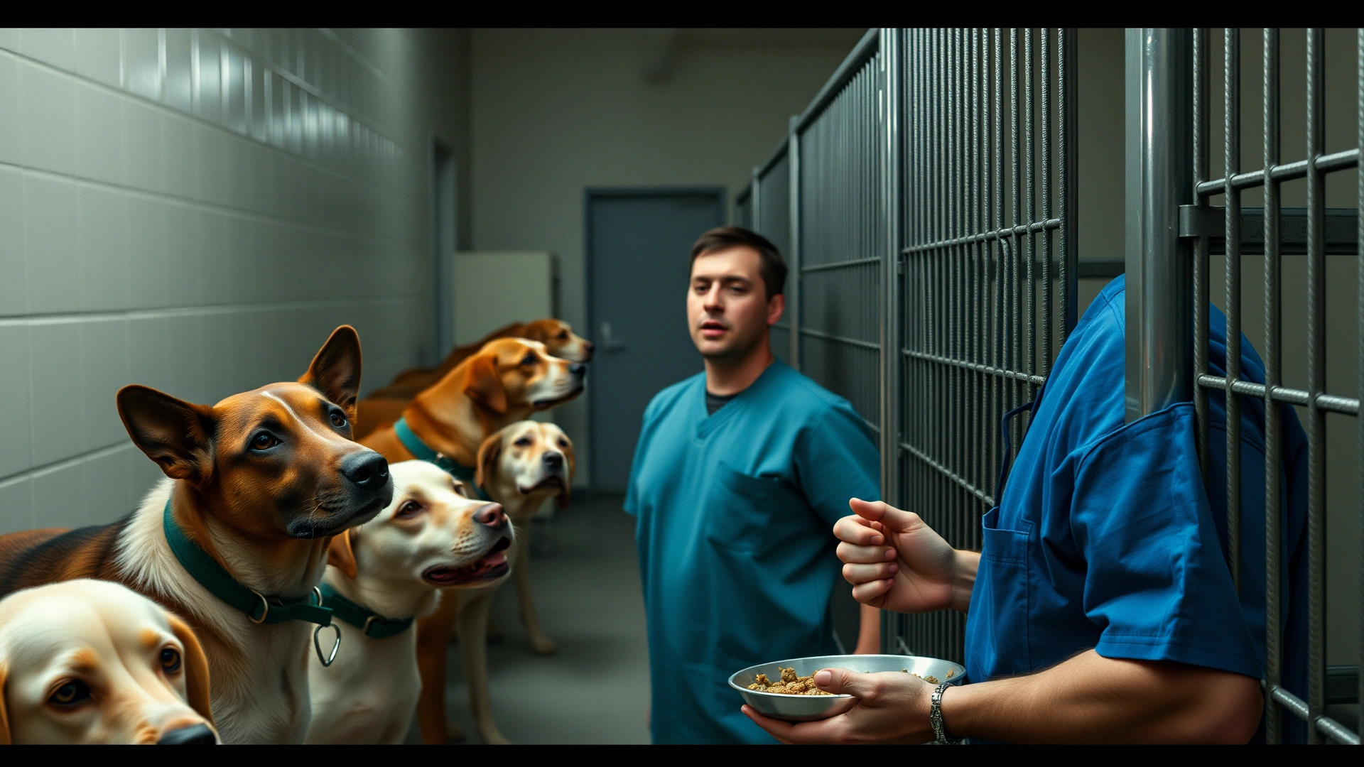 Single staff member overwhelmed while feeding multiple dogs in separate kennels.