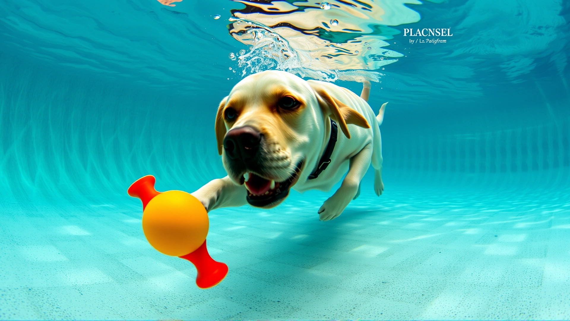 Underwater view of a Labrador swimming down to retrieve a brightly colored toy from the pool floor