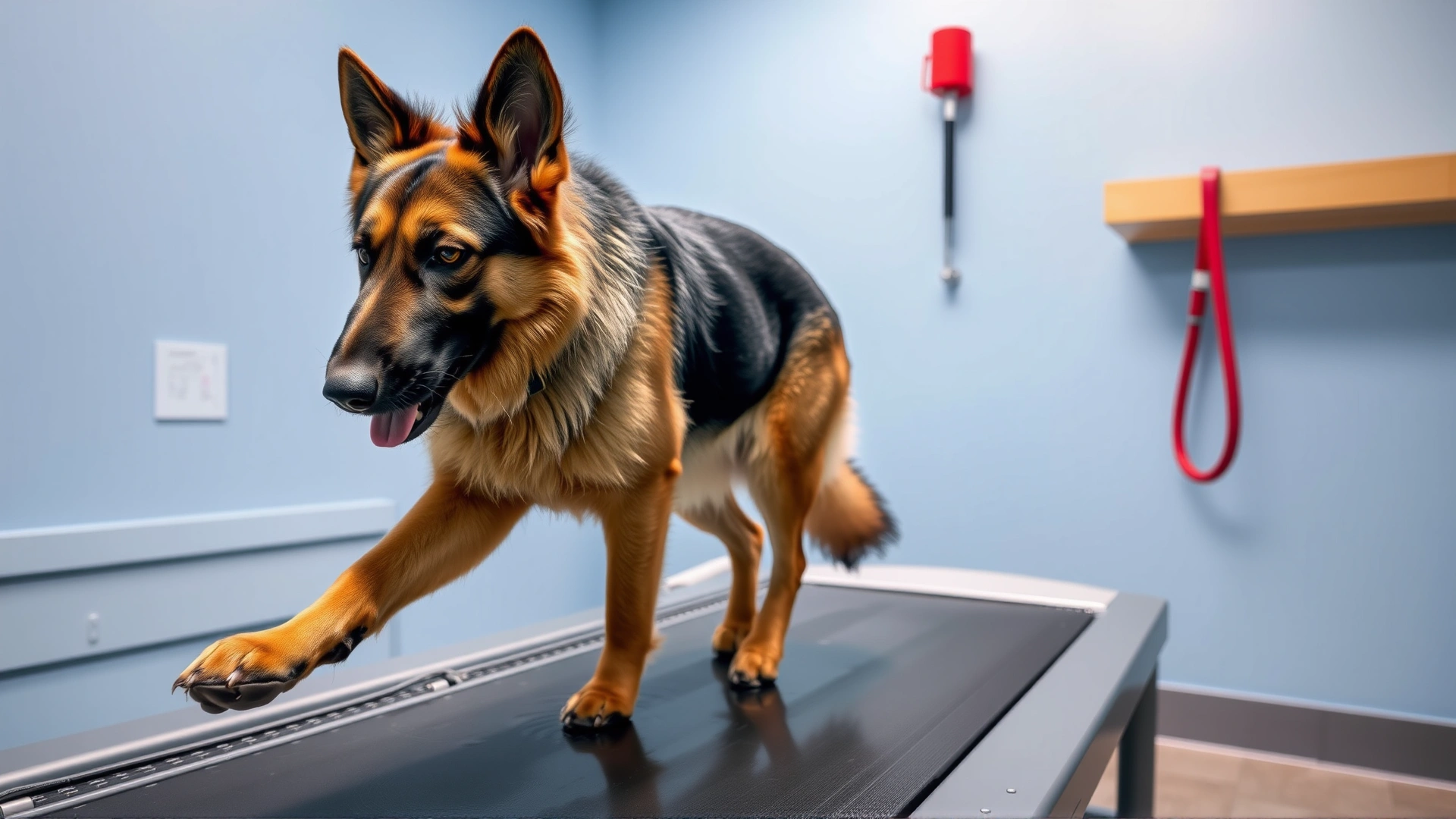 Senior German shepherd walking on an underwater treadmill in a veterinary rehab facility, side profile view