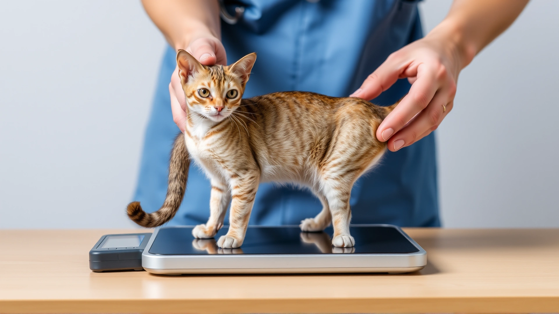 A slim domestic cat standing on a digital pet scale while a veterinarian gently supports it, conveying the concept of underweight evaluation.