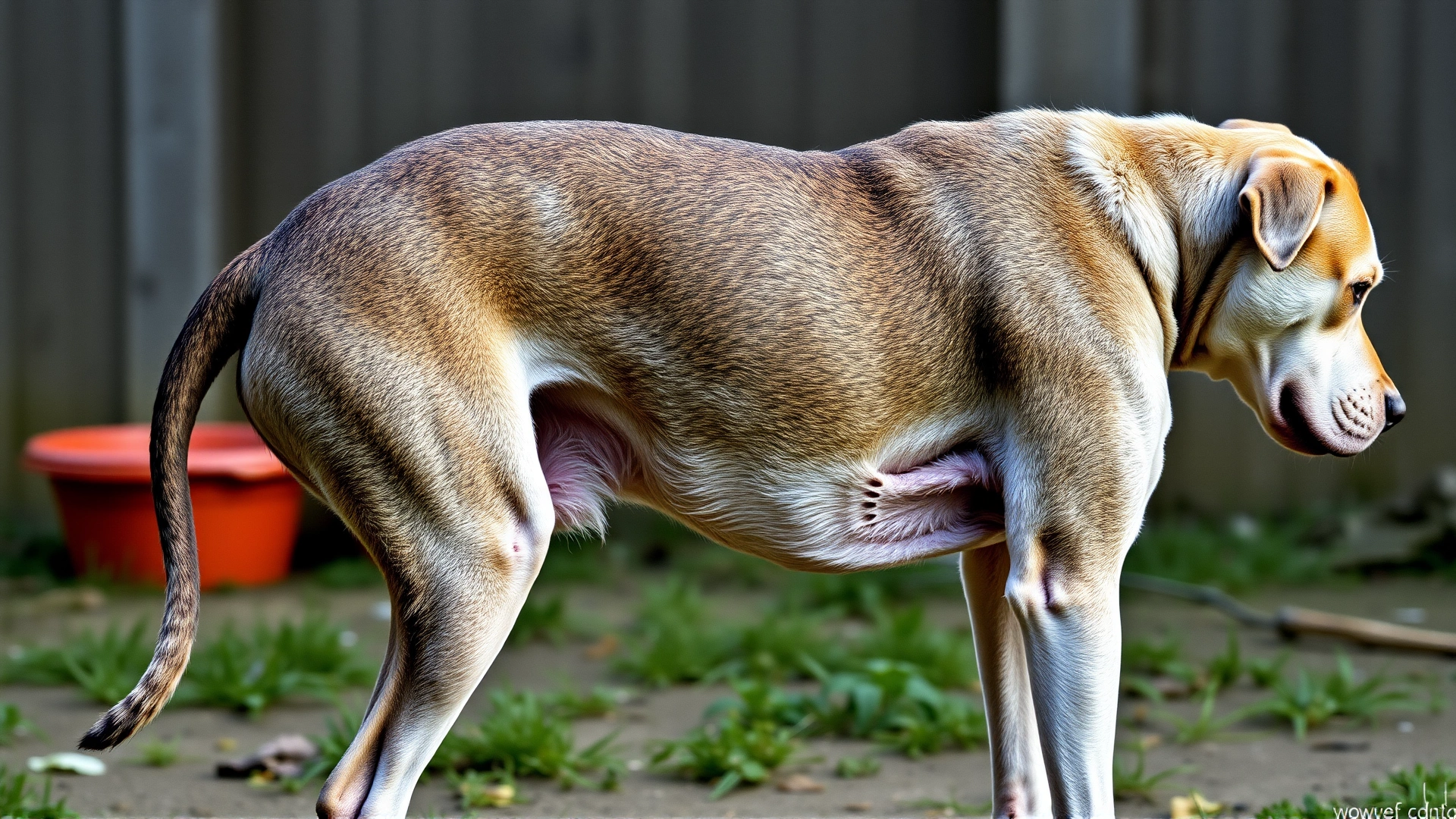 Side profile of a noticeably underweight dog with visible ribs standing in a backyard to illustrate malnourishment