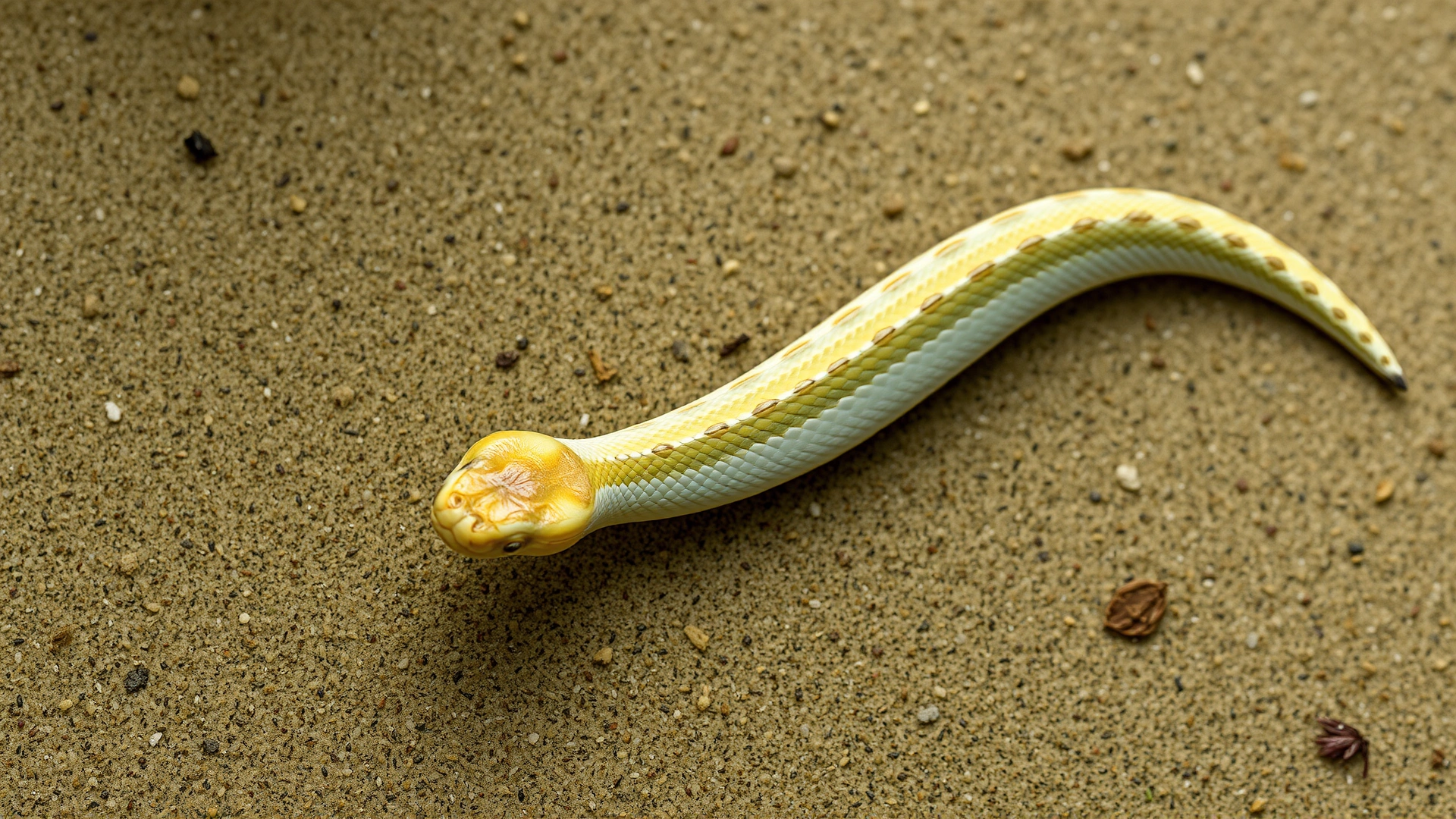 A thin corn snake showing prominent spine while crawling on sandy substrate, top-down view.