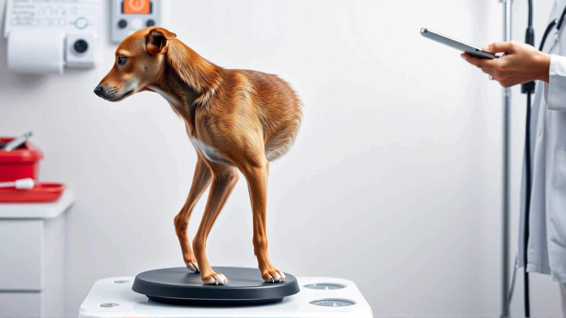 Side profile of a slim dog standing on a veterinarian scale while a vet records weight