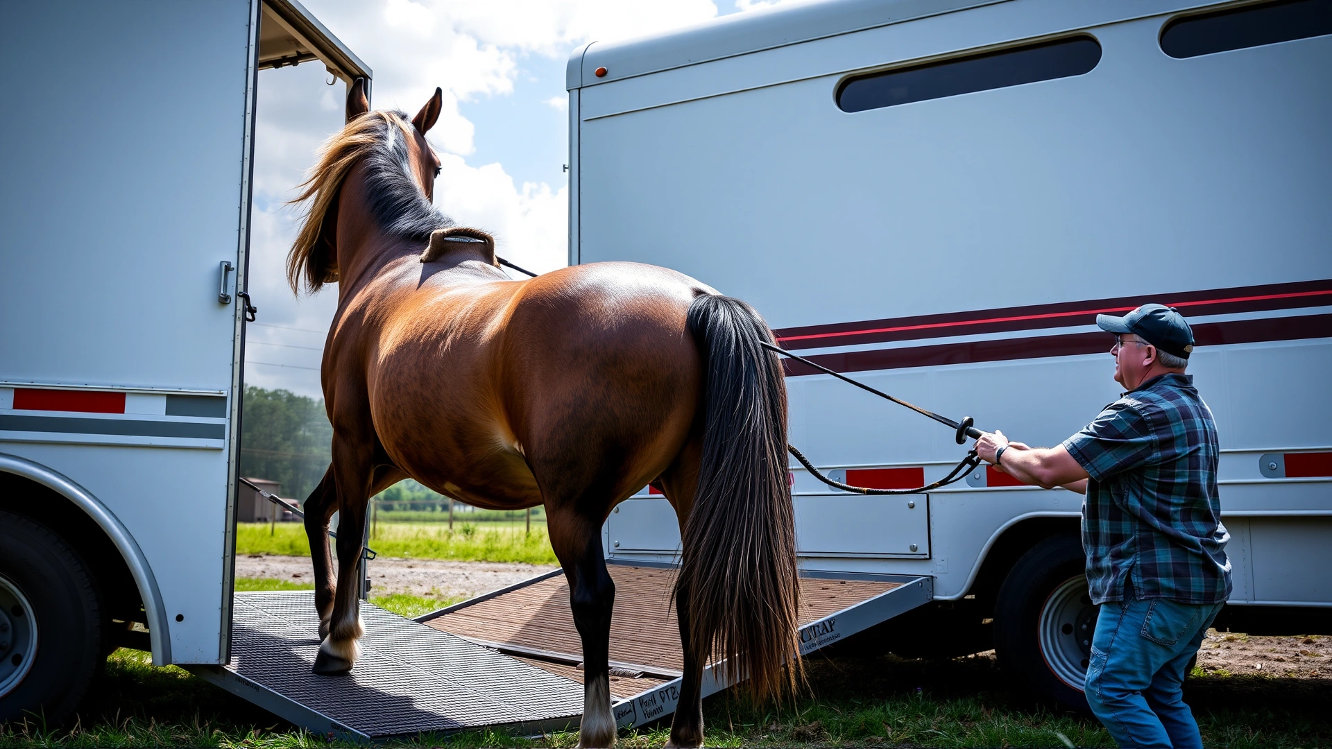 Horse slowly backing down a trailer ramp while a handler guides the tail strap, showing controlled unloading.