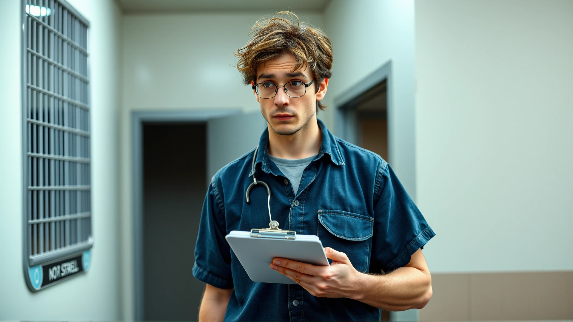 Dog kennel staff member wearing casual, sloppy clothing and looking distracted while holding a clipboard incorrectly.