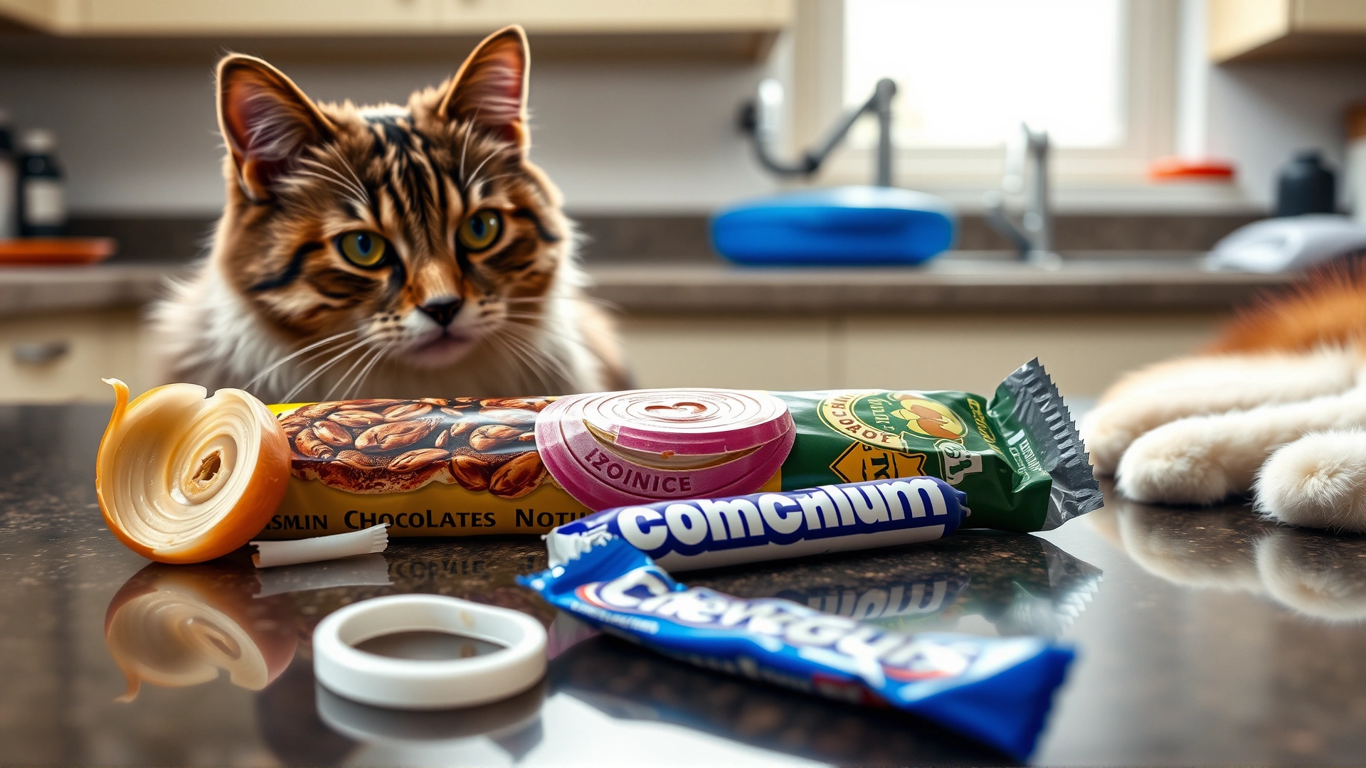 Assortment of toxic human foods for cats (chocolate bar, onion slices, chewing gum) arranged on a kitchen countertop with a cat nearby.