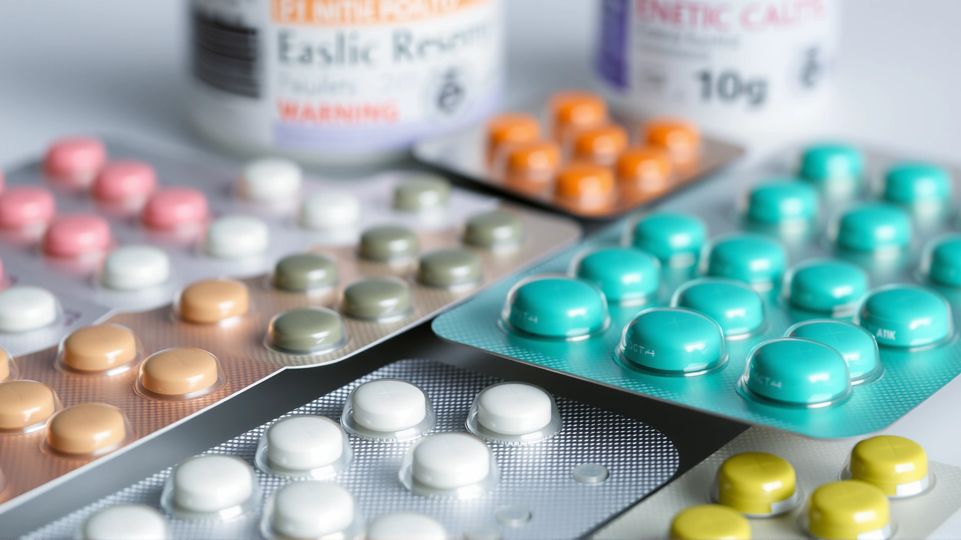 Assorted blister packs showing enteric-coated and extended-release pills with warning labels slightly blurred in the background.