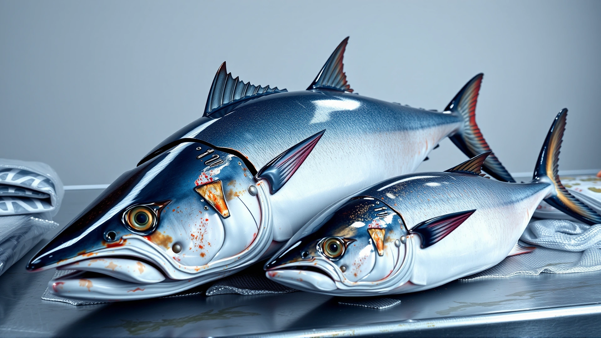 Large swordfish and king mackerel on a fish market counter to illustrate size difference, no text