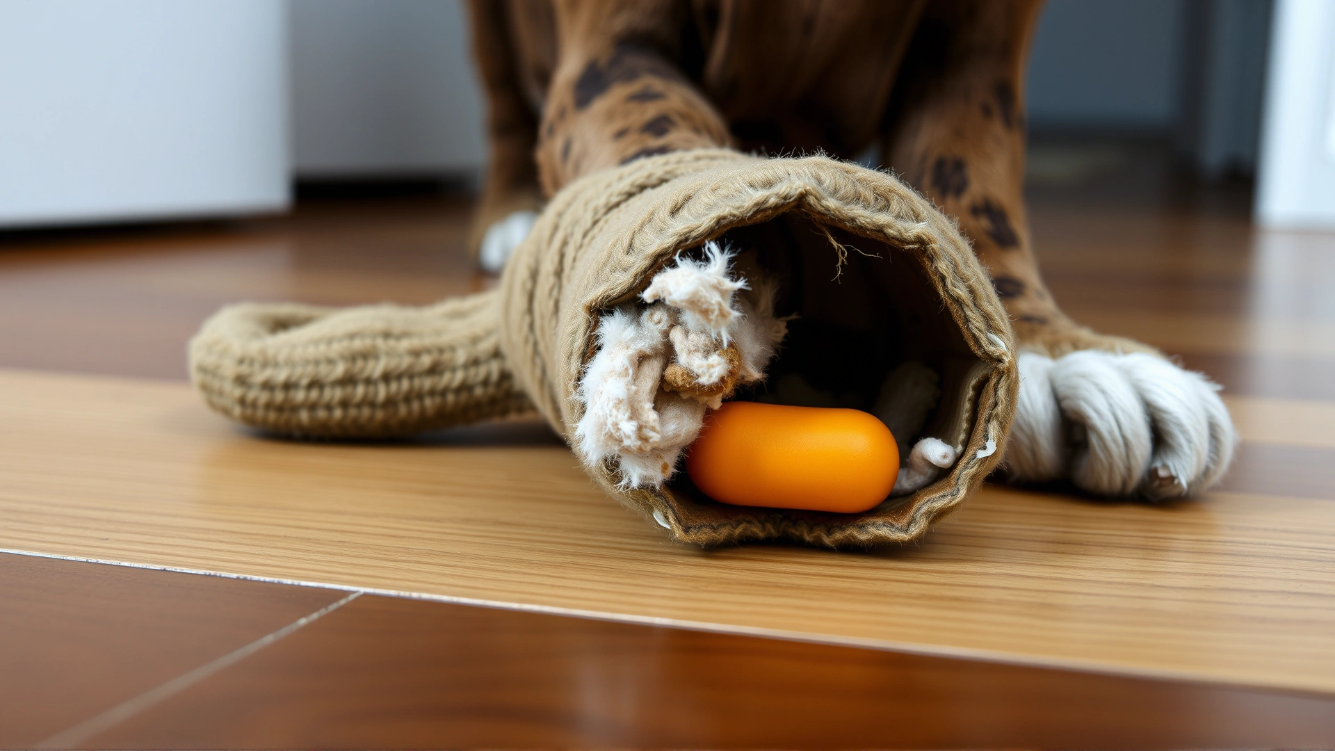 Close-up of a damaged squeaky toy with stuffing and squeaker exposed on a wooden floor to illustrate safety risk