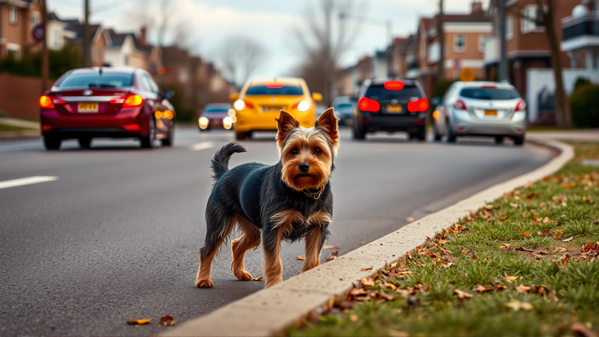 A small terrier standing alone at the edge of a busy suburban street, with cars blurred in motion behind it.