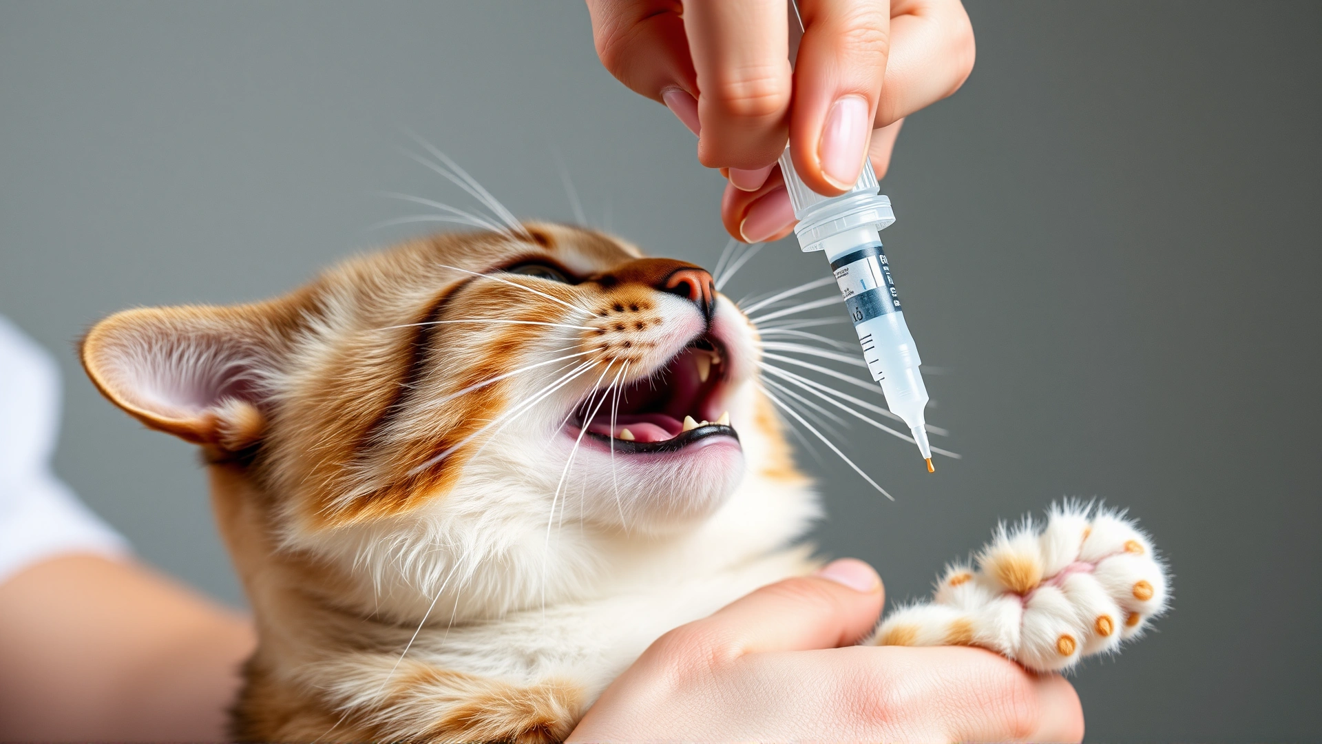 Cat being hand-fed in an upright position using a syringe, caregiver supporting cat’s body