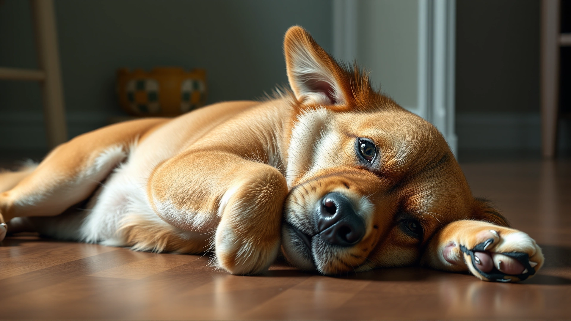 Medium-sized dog lying on its side while looking uncomfortable and holding a paw near its belly, indoor setting, soft lighting