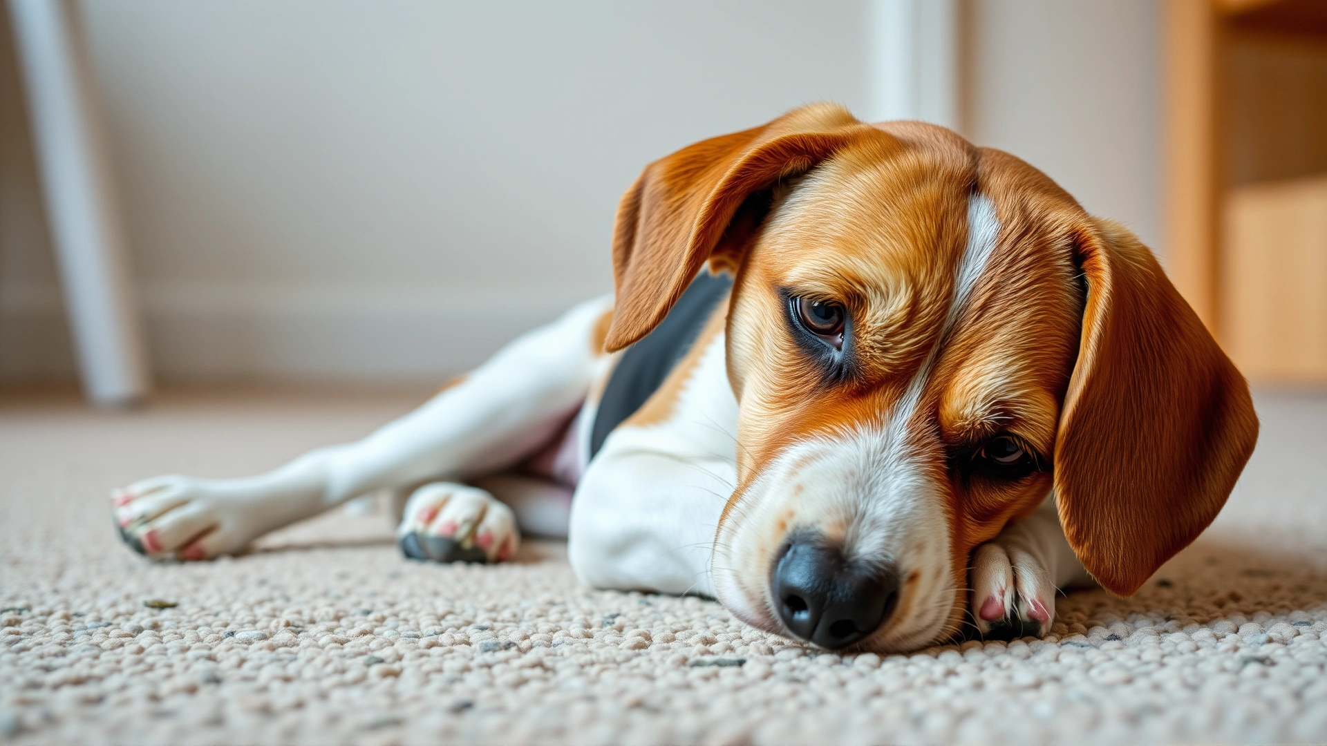 Small beagle lying on the floor looking uncomfortable, neutral indoor background