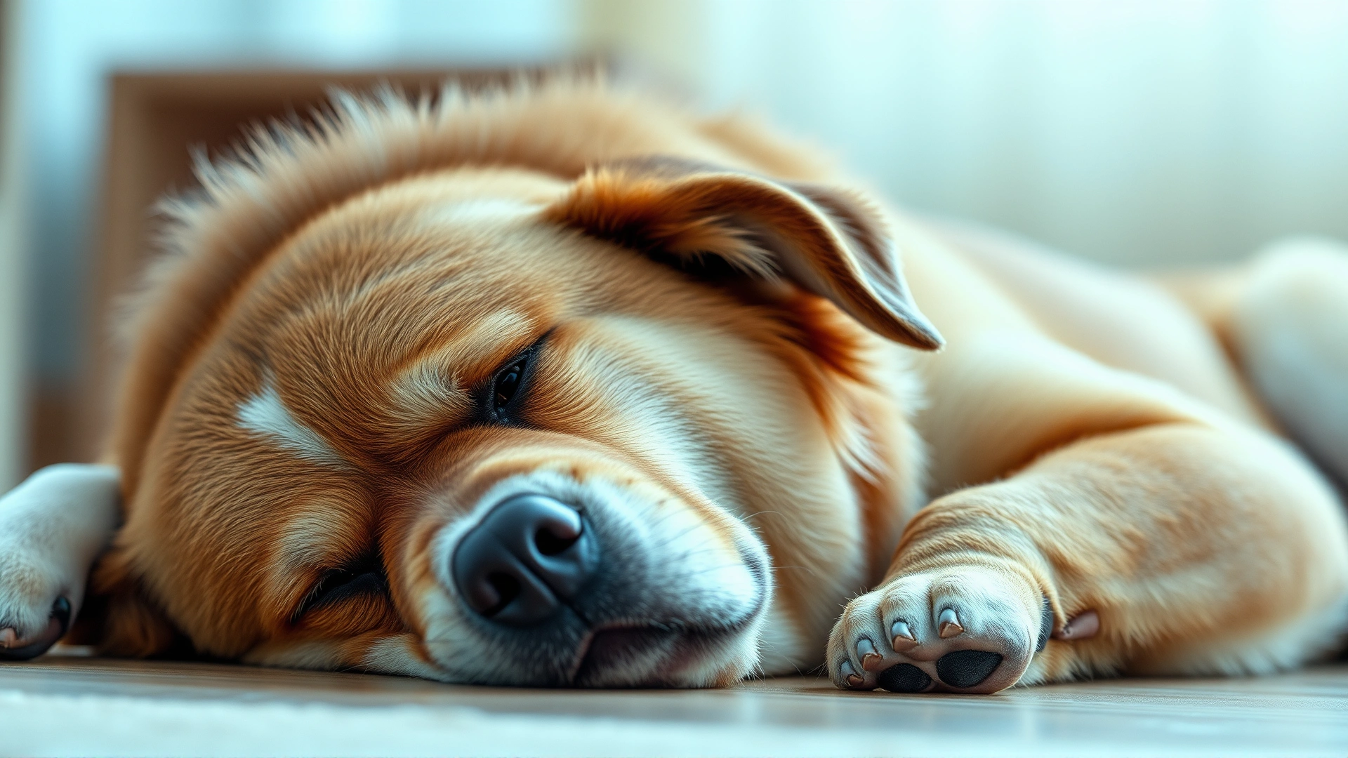 Medium-sized dog lying on the floor with head down and sad eyes, indicating stomach discomfort, indoor soft lighting, no text