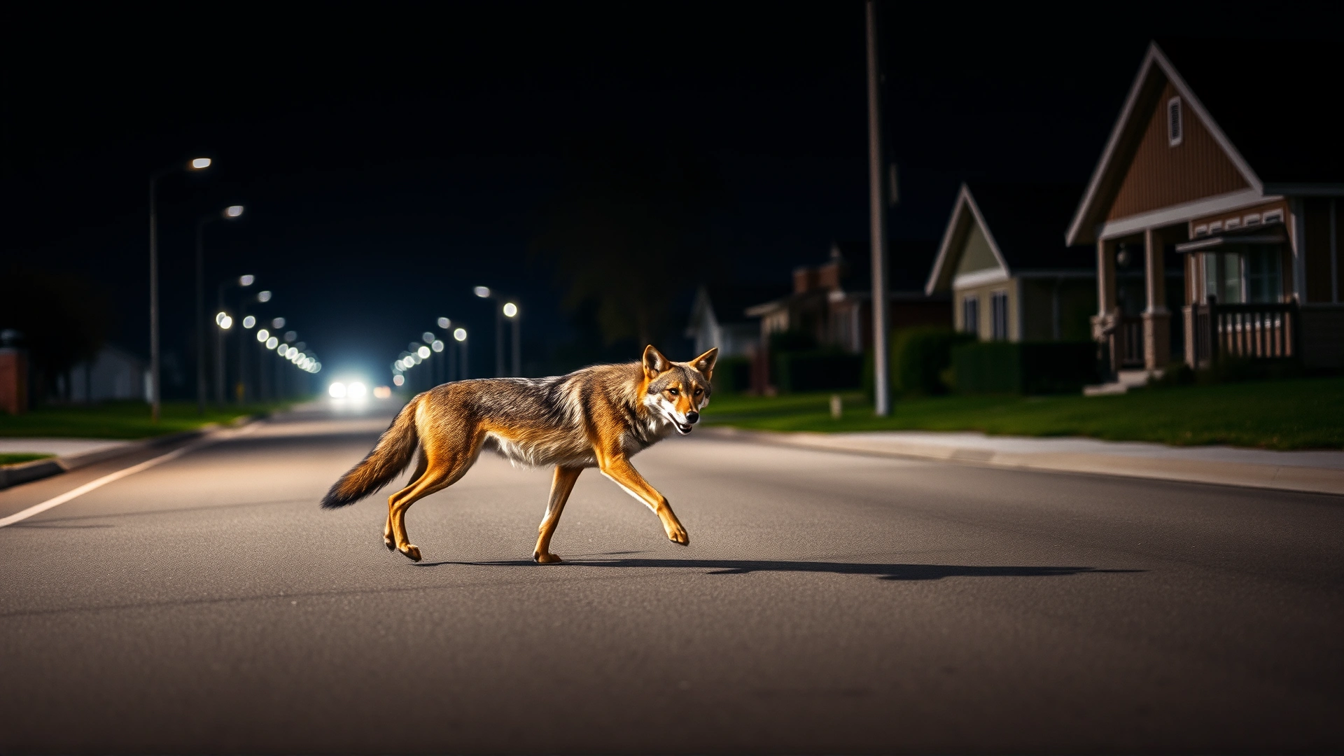 Coyote trotting along an empty suburban street at night under streetlights, houses blurred in background to show urban wildlife encounter.