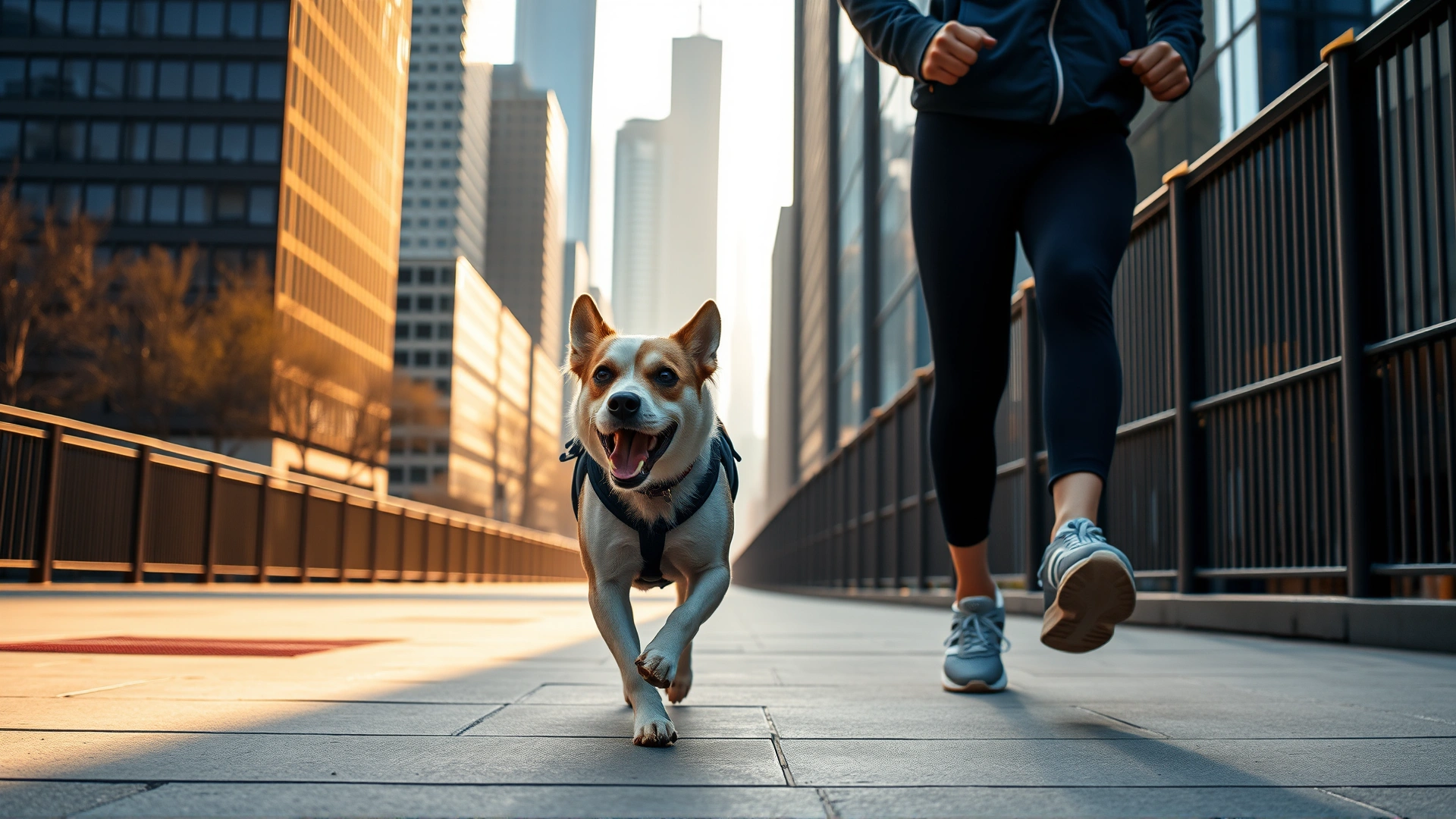 A sporty dog trotting beside a jogger on a city sidewalk with skyscrapers in the background, morning light emphasizing movement.