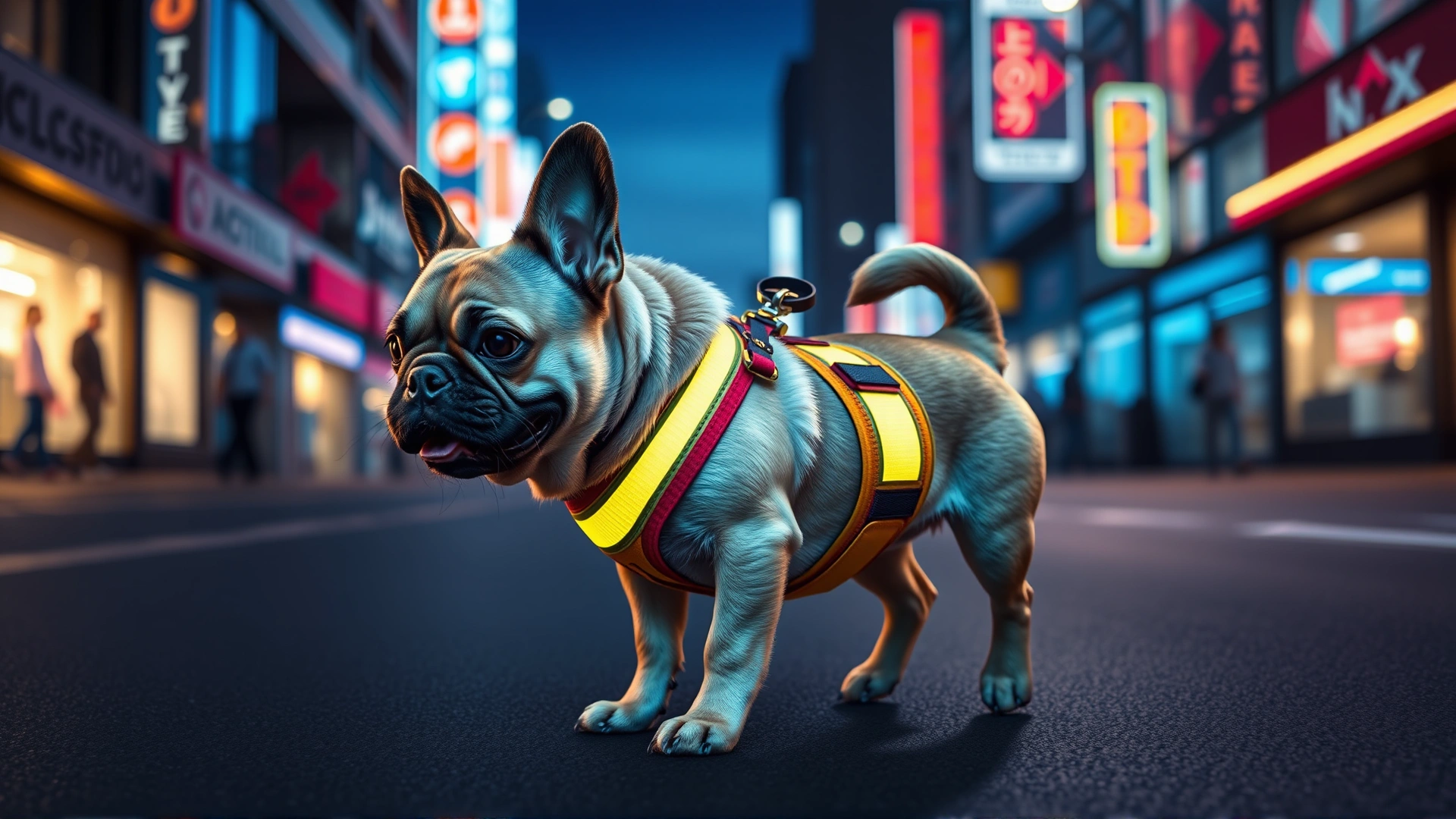 A small dog wearing a reflective harness walking on a city street at dusk with soft neon lights, no text