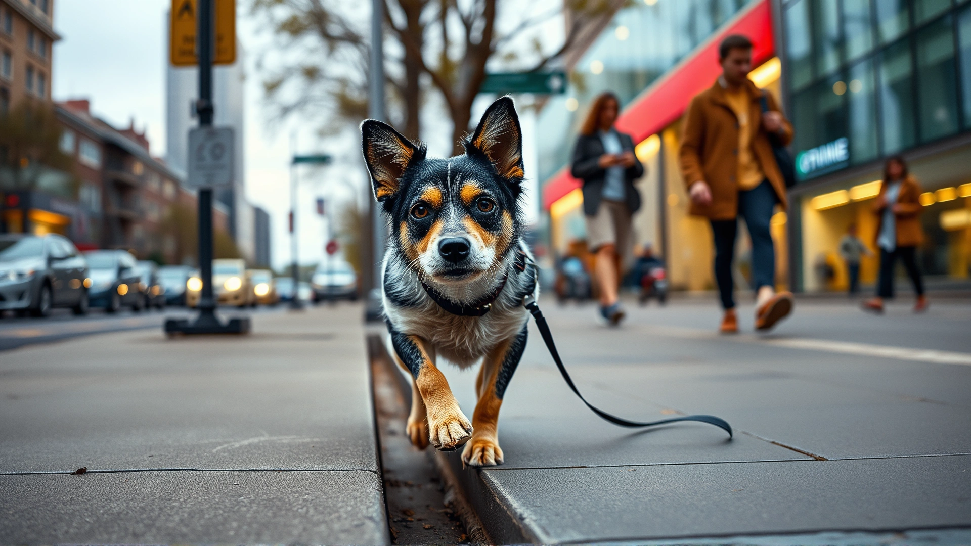 City sidewalk scene where a confident dog is walking along the narrow curb while pedestrians pass by in the soft background blur
