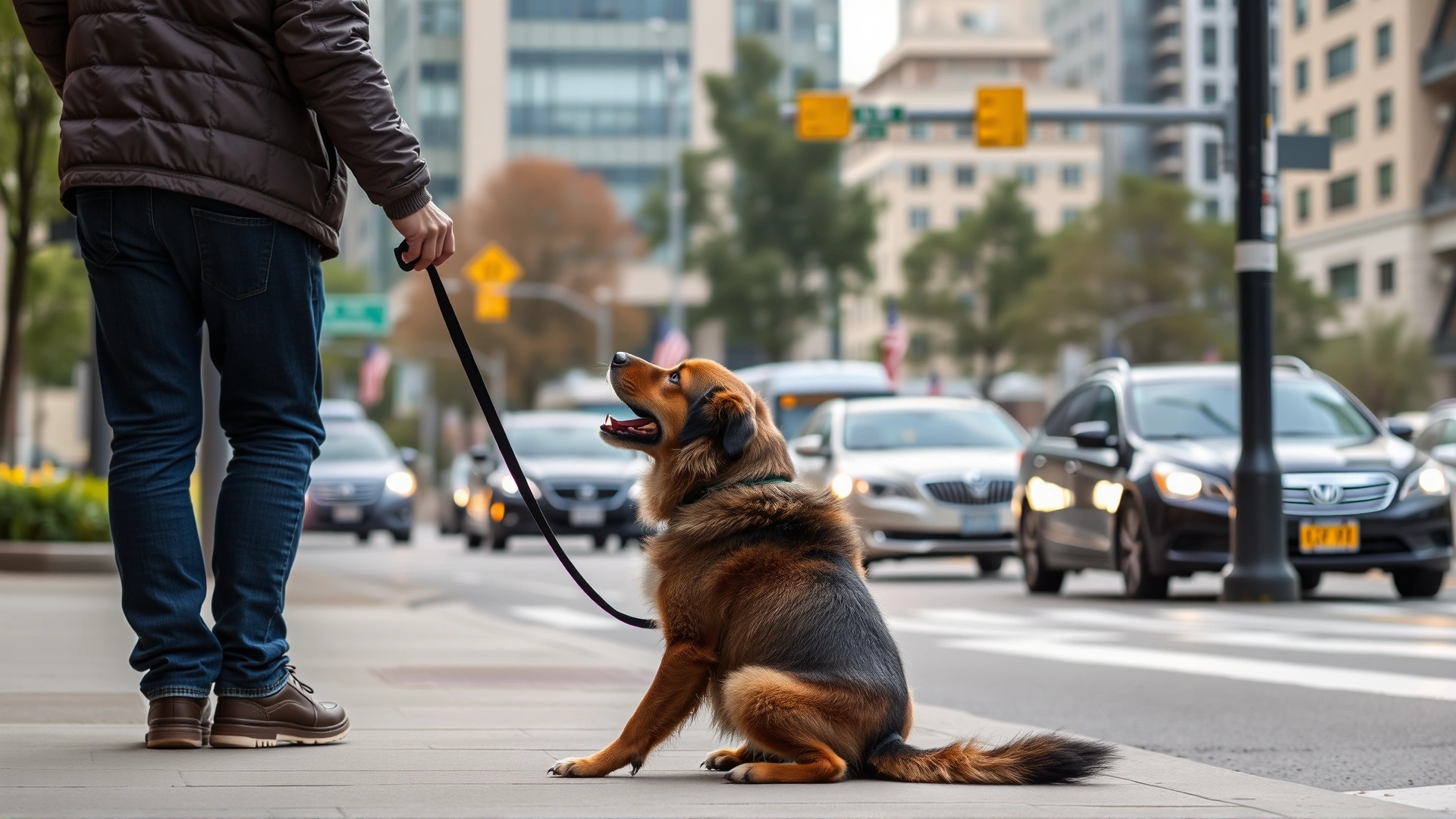 Owner practicing the stay command with their dog on a sidewalk near light traffic, with city buildings in the background.